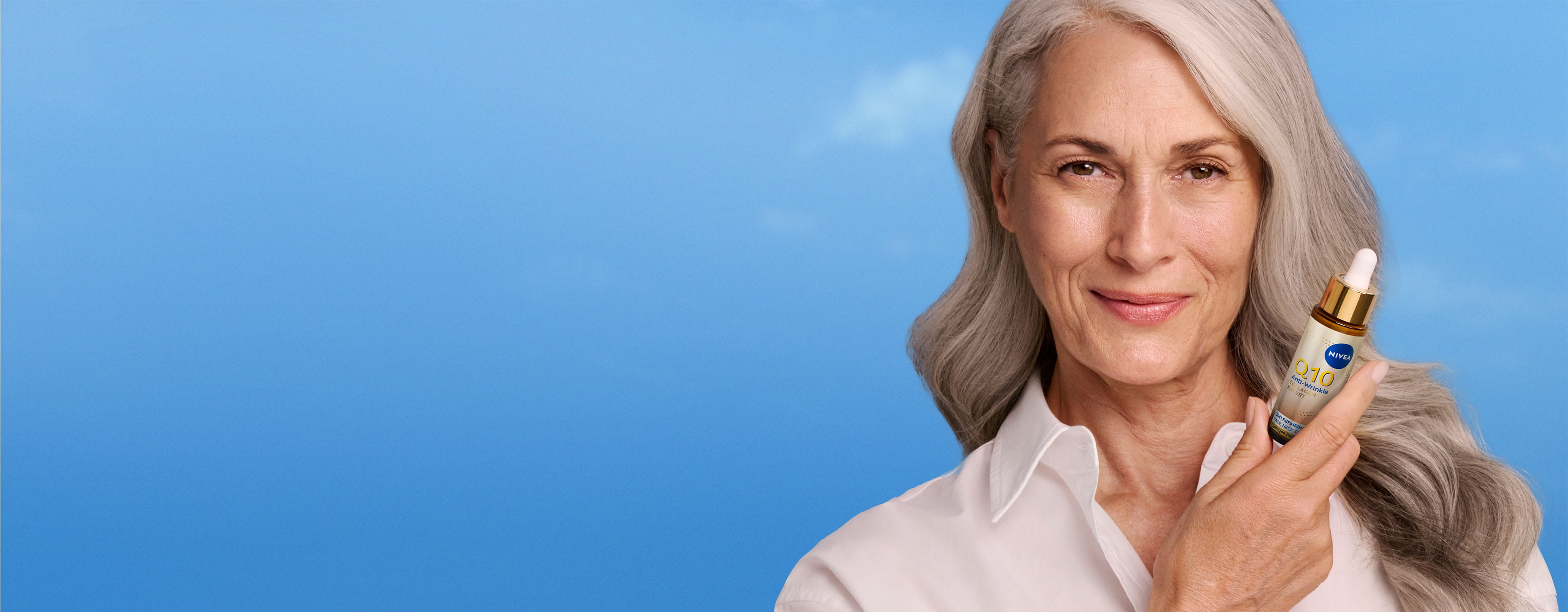 Montage of a mature woman sitting up, dispensing Q10 Anti-Wrinkle serum on her finger, applying it to her face and neck.