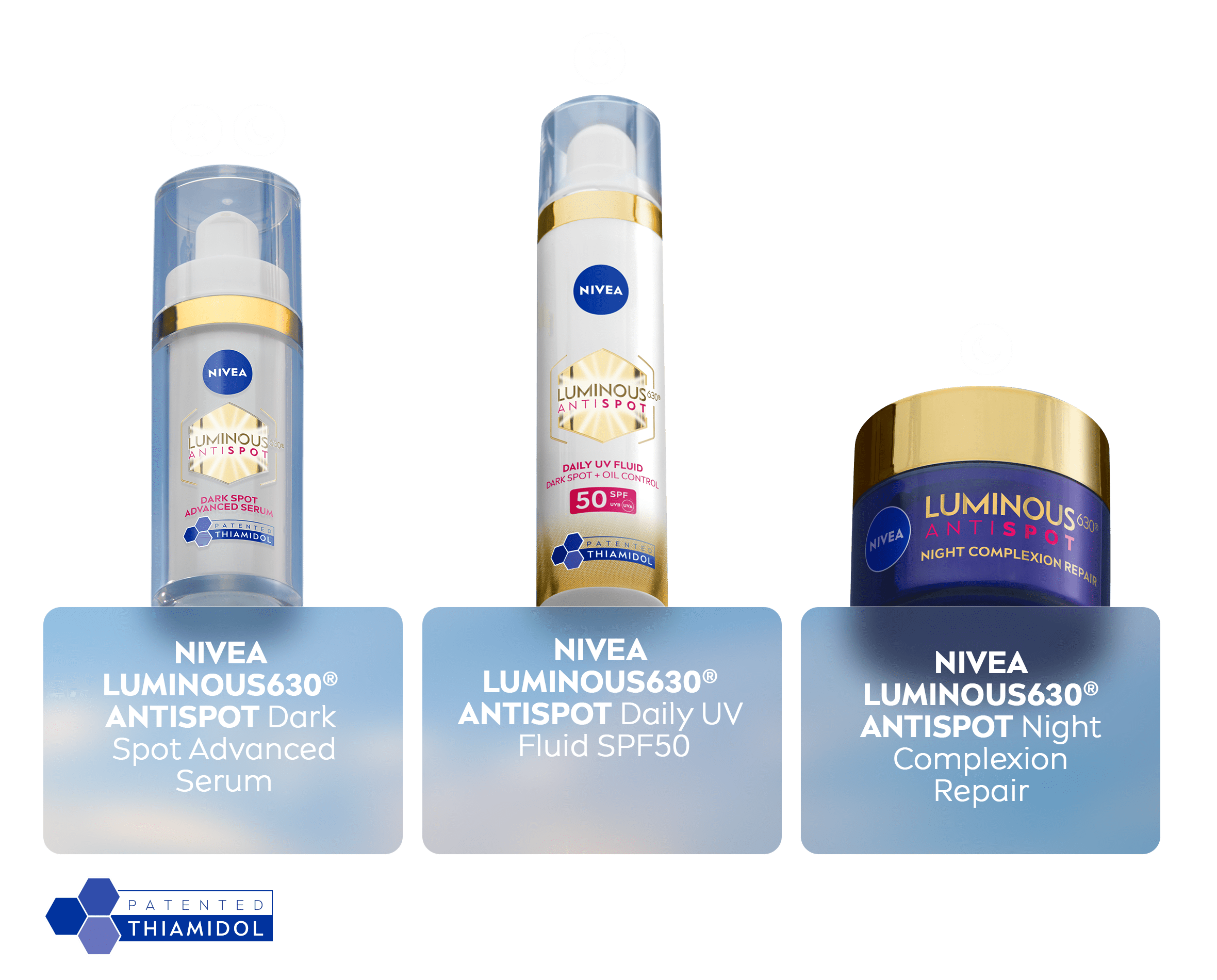 3 produkter fra LUMINOUS630® ANTI-DARK SPOT-serien for både dag- og nattrutiner