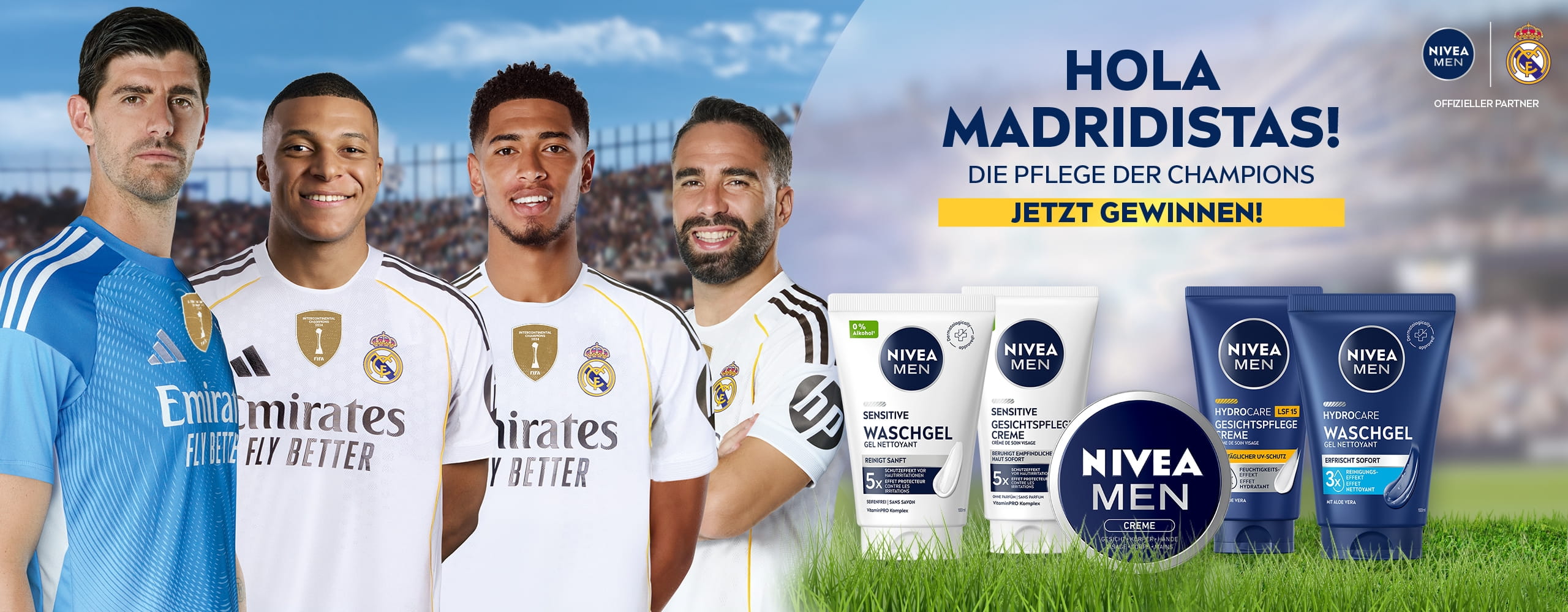 Vier Spieler von Real Madrid neben einem Sortiment von NIVEA Men Gesichtspflegeprodukten