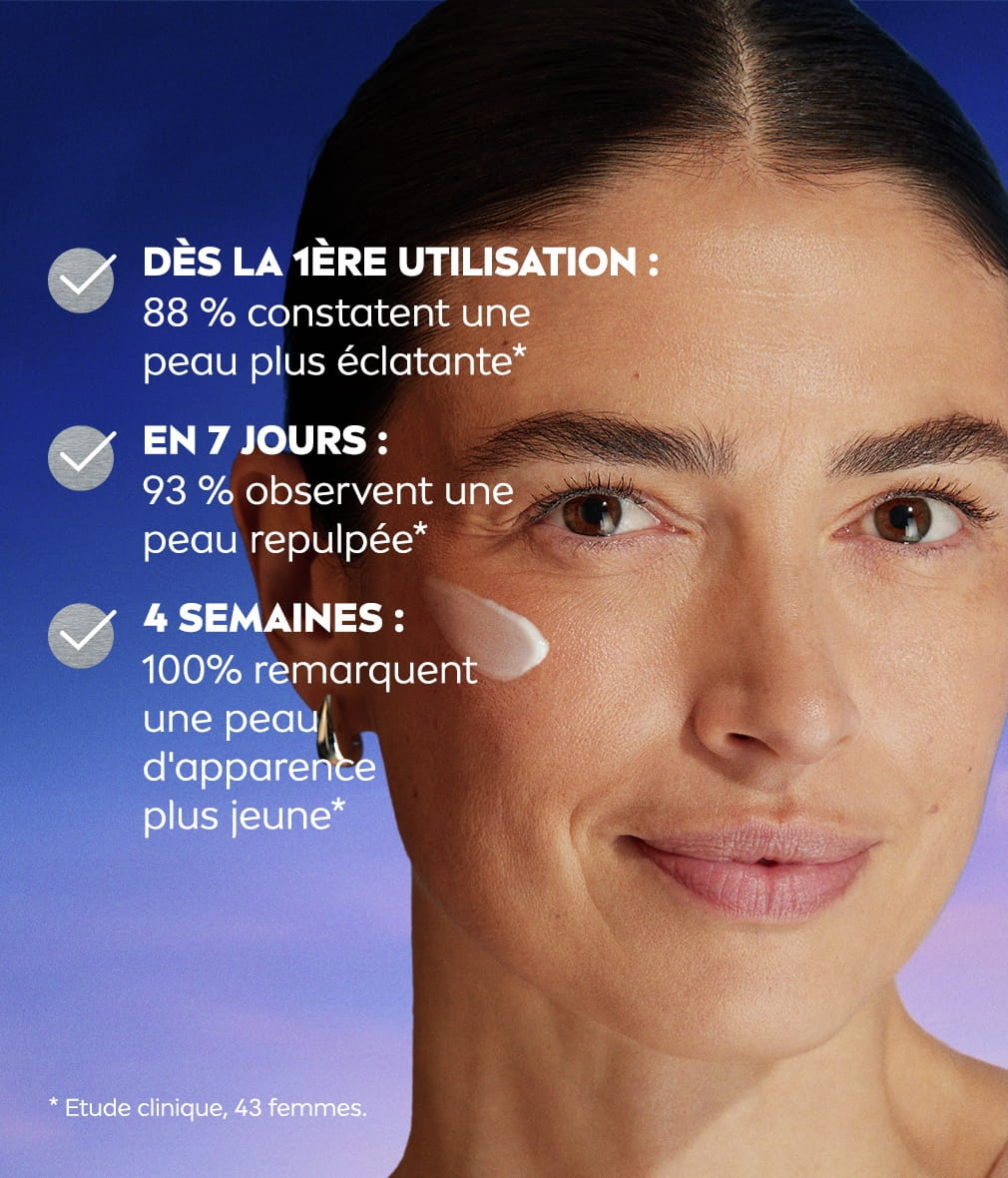 Une femme sourit avec complicité, illustrée à côté d’une liste des caractéristiques du Sérum Ultime Jeunesse Cellular Épigénétique de NIVEA –  avec de l’EPICELLINE®.
