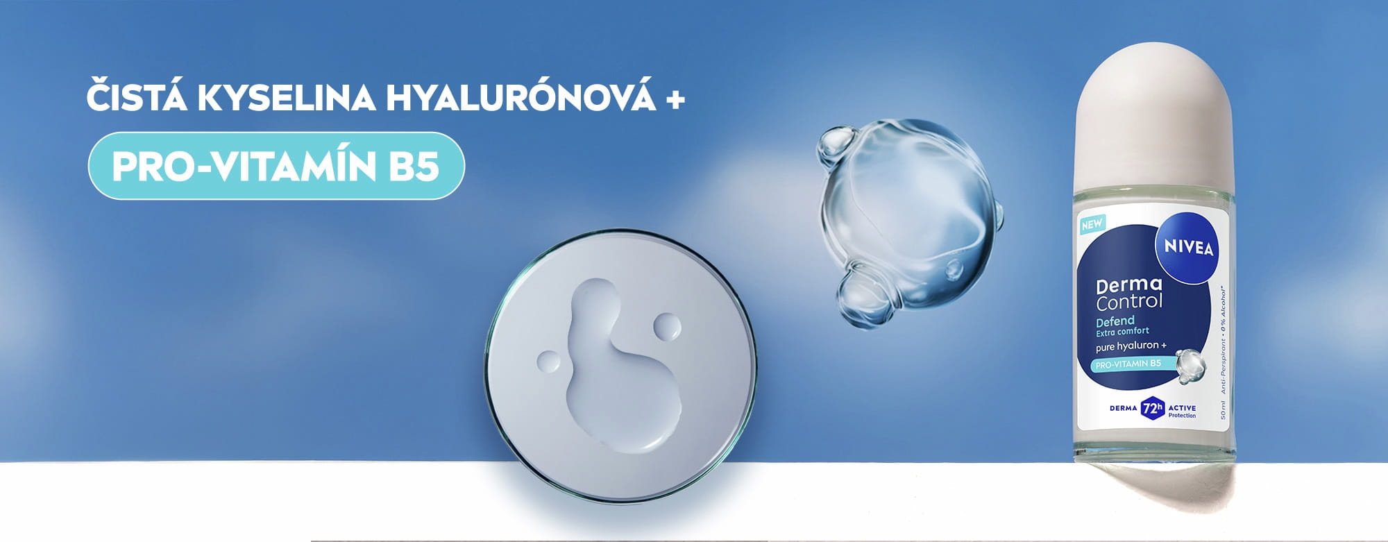NIVEA Guľôčkový antiperspirant Derma Control Defend s ČISTOU KYSELINOU HYALURÓNOVOU a PRO-VITAMÍNOM B5.