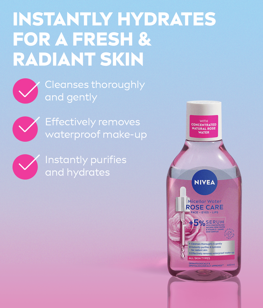 NIVEA Rose Care Serum-Infused Micellar Water featured against an ombre blue-pink background and a list of benefits.