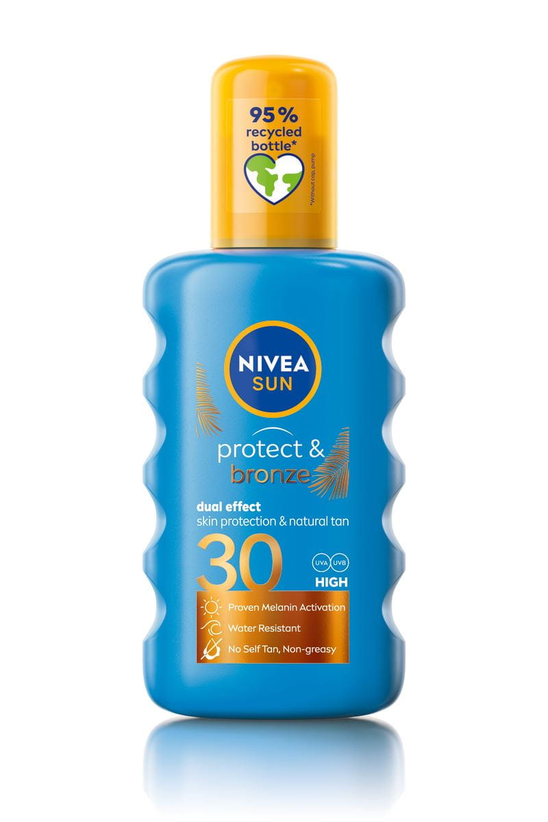 NIVEA SUN Protect & Bronze Spray FP30, Protecção, Proteção, Protect & Bronze, Spray, hidratante, NIVEA, NIVEA SUN, Protector Solar, Protetor Solar, proteção imediata, raios UVA/UVB, extrato natural pró-melanina, resultados de bronzeado natural, respeito pelos oceanos, sem filtros UV, proteção UVA/UVB, proteção contra queimaduras solares, bronzeado de longa duração, prevenindo o envelhecimento prematuro da pele, bronzeado bonito, bronzeado uniforme, sem autobronzeador, resistente à água, proteção de adultos, cuidados solares, sem parabenos, sem Octinoxate, sem Oxybenzone, sem Octocrylene