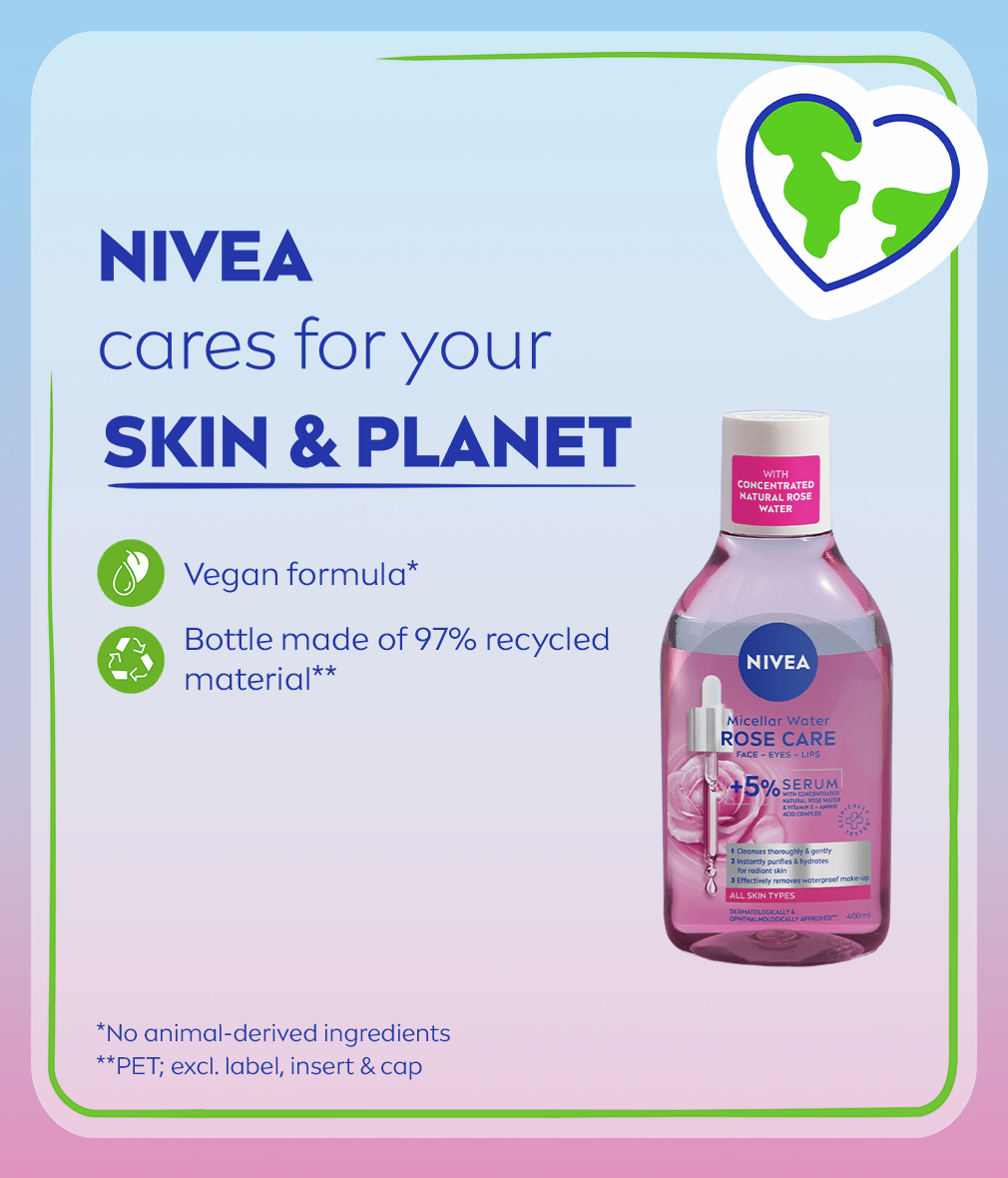 NIVEA Rose Care Serum-Infused Micellar Water, with icons representing the Earth, a vegan formula and recycled packaging.