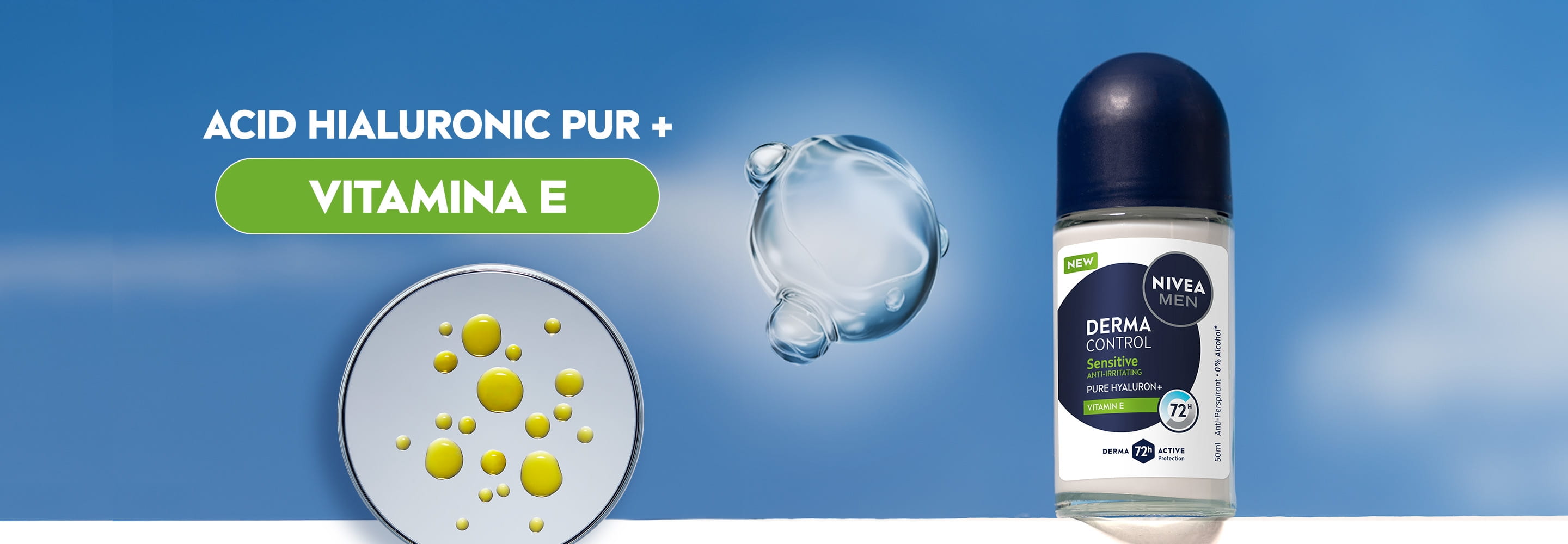 Deodorant roll-on NIVEA MEN Derma Control Sensitive, cu molecule crescute de ingrediente, reprezentând ACID HIALURONIC PUR și VITAMINA E.
