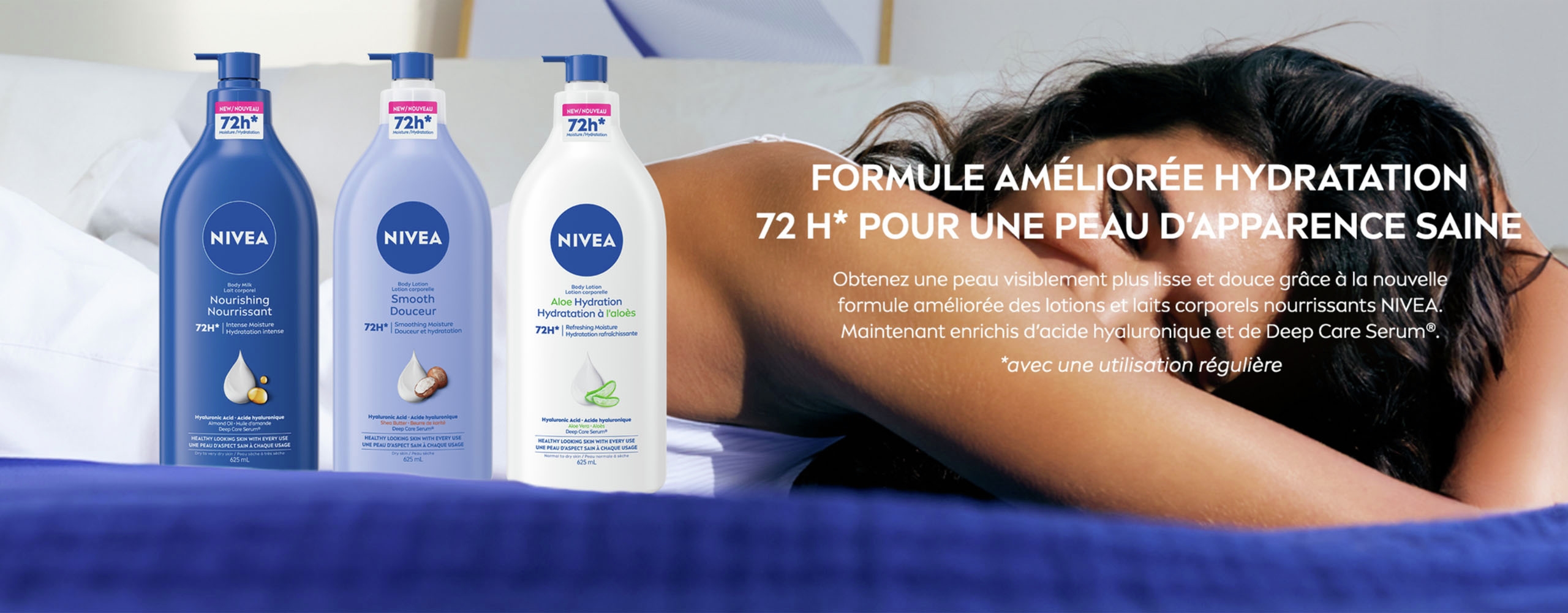 Femme posant derrière la gamme de produits hydratants pour le corps NIVEA, adaptés à tous les types de peau.
