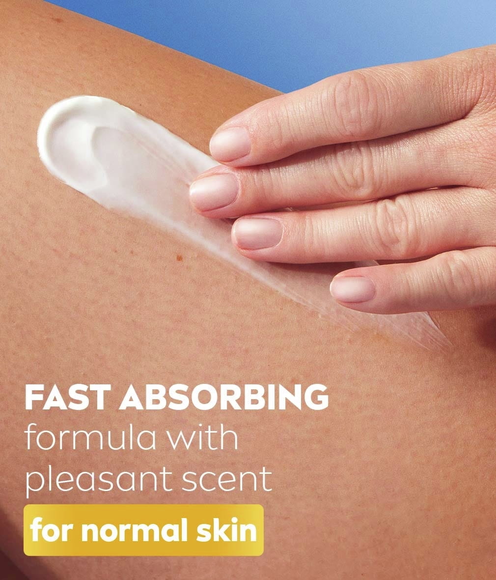 A close-up of NIVEA Q10 lotion being smoothed onto skin, with text highlighting its "FAST ABSORBING formula with pleasant scent" for normal skin.