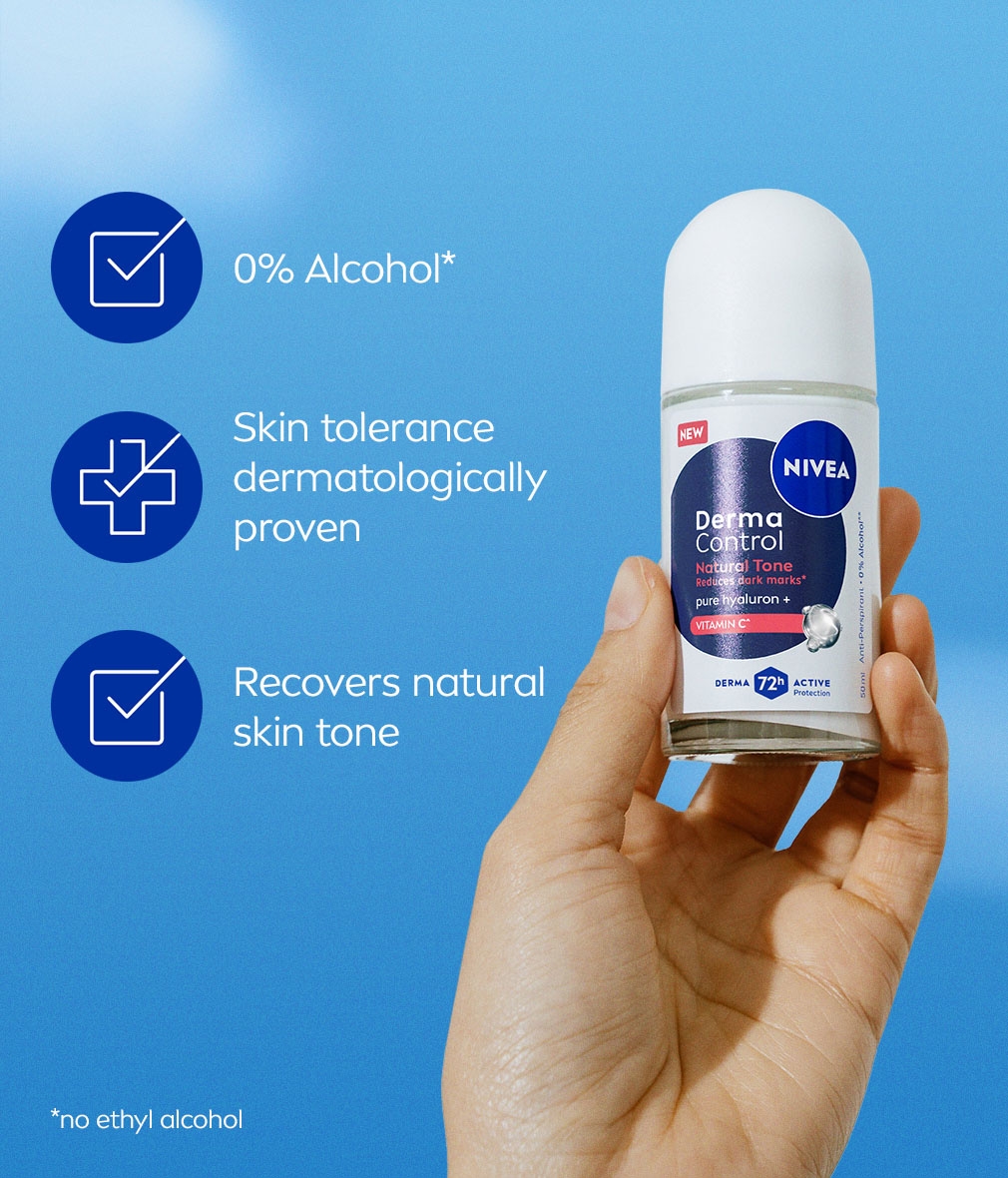 A hand holds up the NIVEA Derma Control Natural Tone Deo Roll-On against a sky background, with list of benefits.