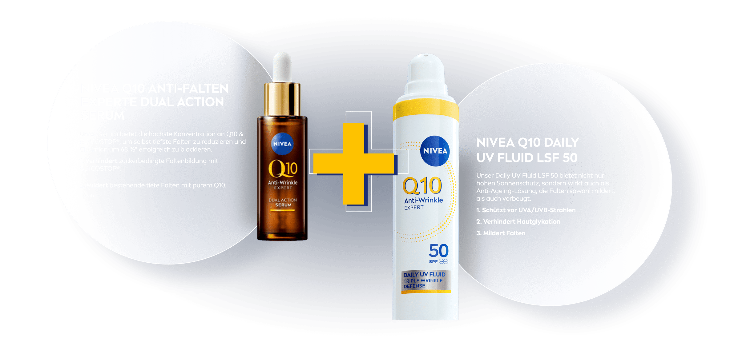NIVEA Q10 Anti-Falten Experte Dual Action Serum und NIVEA Face Q10 Daily UV Fluid LSF 50, gemeinsam gezeigt für 5-mal stärkere Ergebnisse.