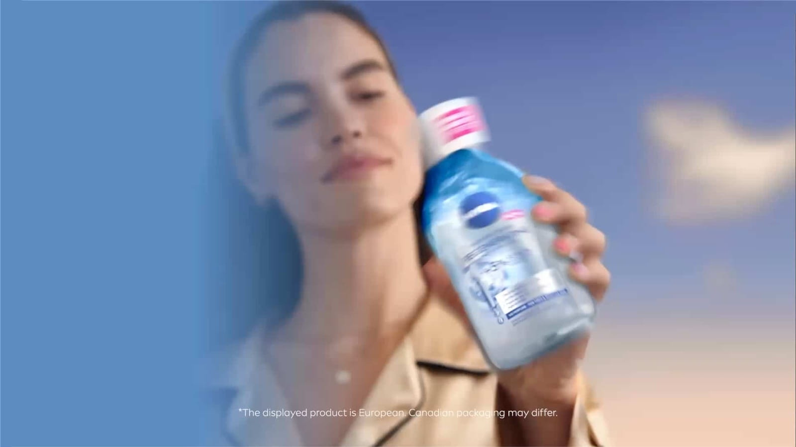 A woman holding a bottle of NIVEA Skin Recharge Serum-Infused Micellar Water against a sky backdrop. The text "Regenerate Skin Overnight" is prominently displayed on the left side.