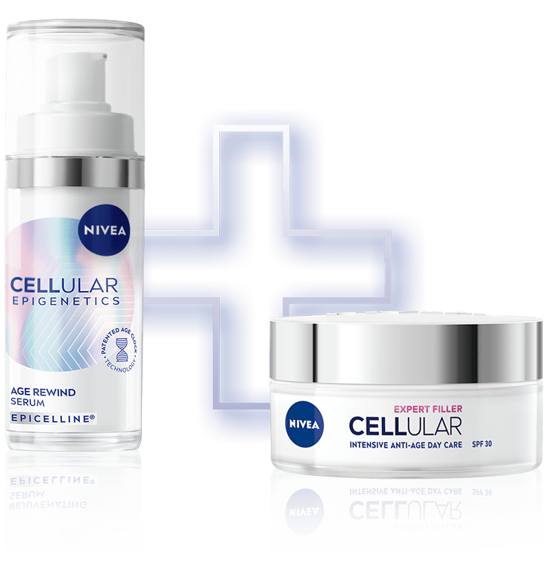 Två NIVEA CELLULAR-produkter presenteras sida vid sida, en flaska Epigenetics serum och en burk Day Cream.