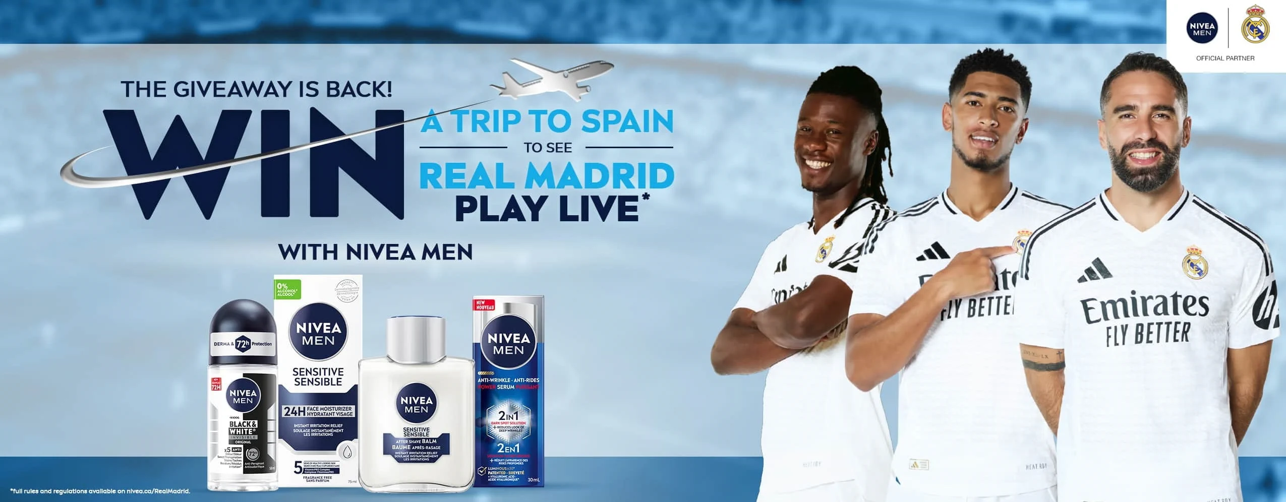 Three Real Madrid players smiling against a blue background announcing the NIVEA MEN x Real Madrid competition.