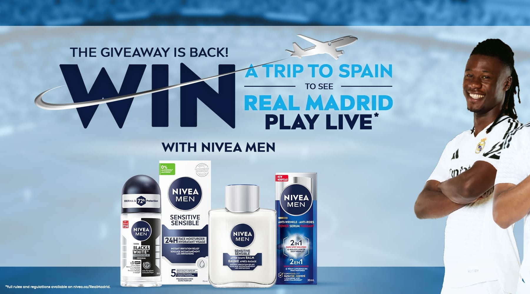 Three Real Madrid players smiling against a blue background announcing the NIVEA MEN x Real Madrid competition.