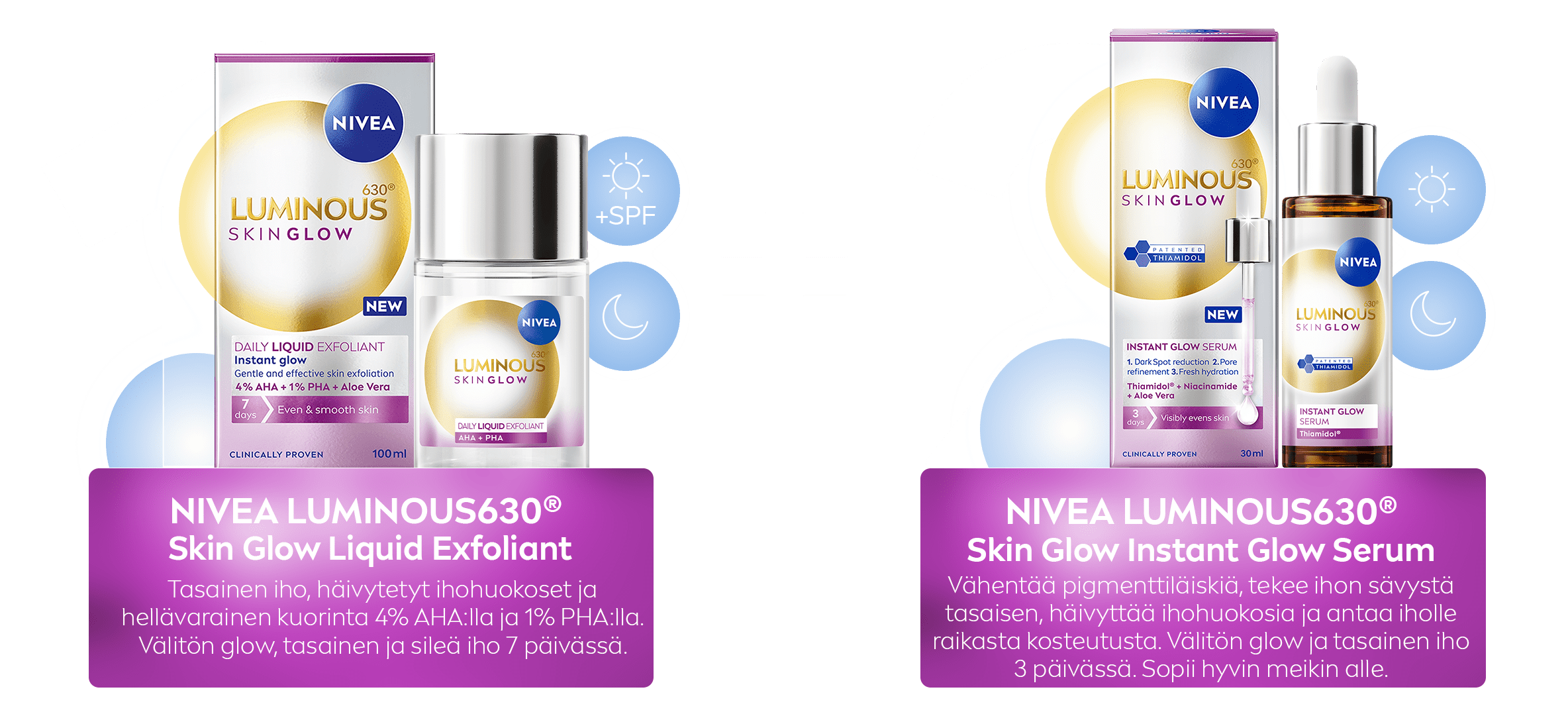NIVEA LUMINOUS630® Skin Glow - kuoriva hoitoneste ja NIVEA LUMINOUS630® Skin Glow Instant Glow -seerumi 30ml ikoneilla ja numeroilla indikoiden käyttöä. 
