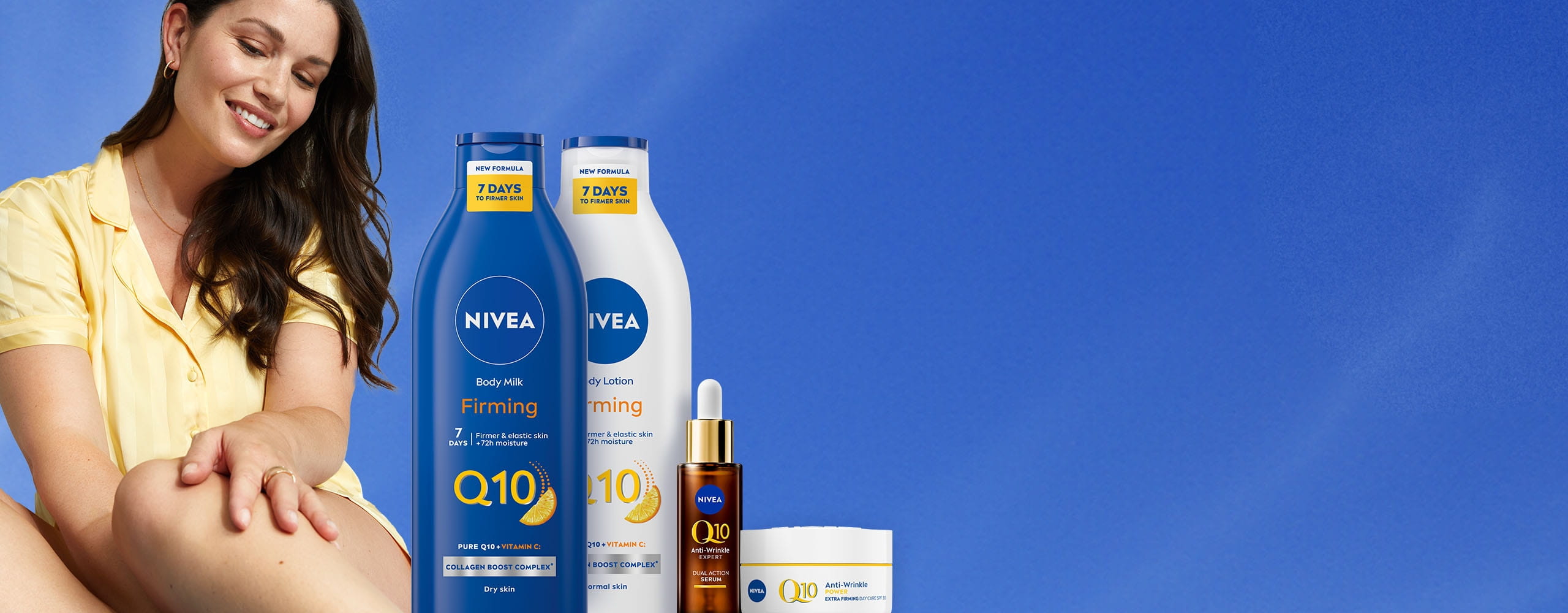 NIVEA Q10 -tuotesarja ihon kimmoisuuden parantamiseen, sisältää voiteita ja seerumeita kasvojen ja vartalon hoitoon.