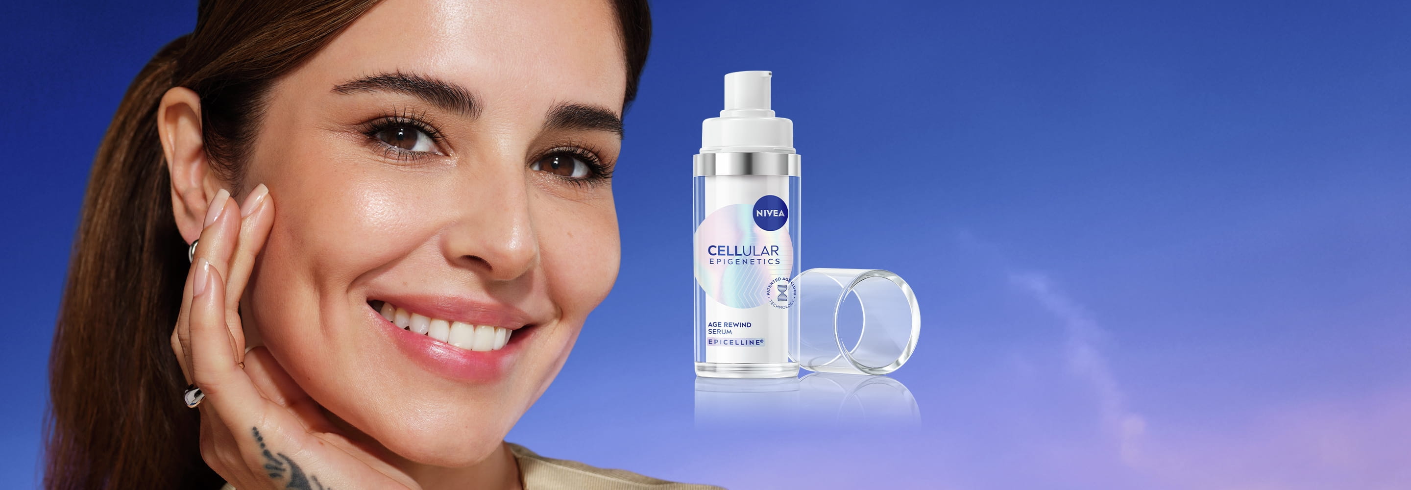 A gazing woman with a rewinding time icon featured over her face.