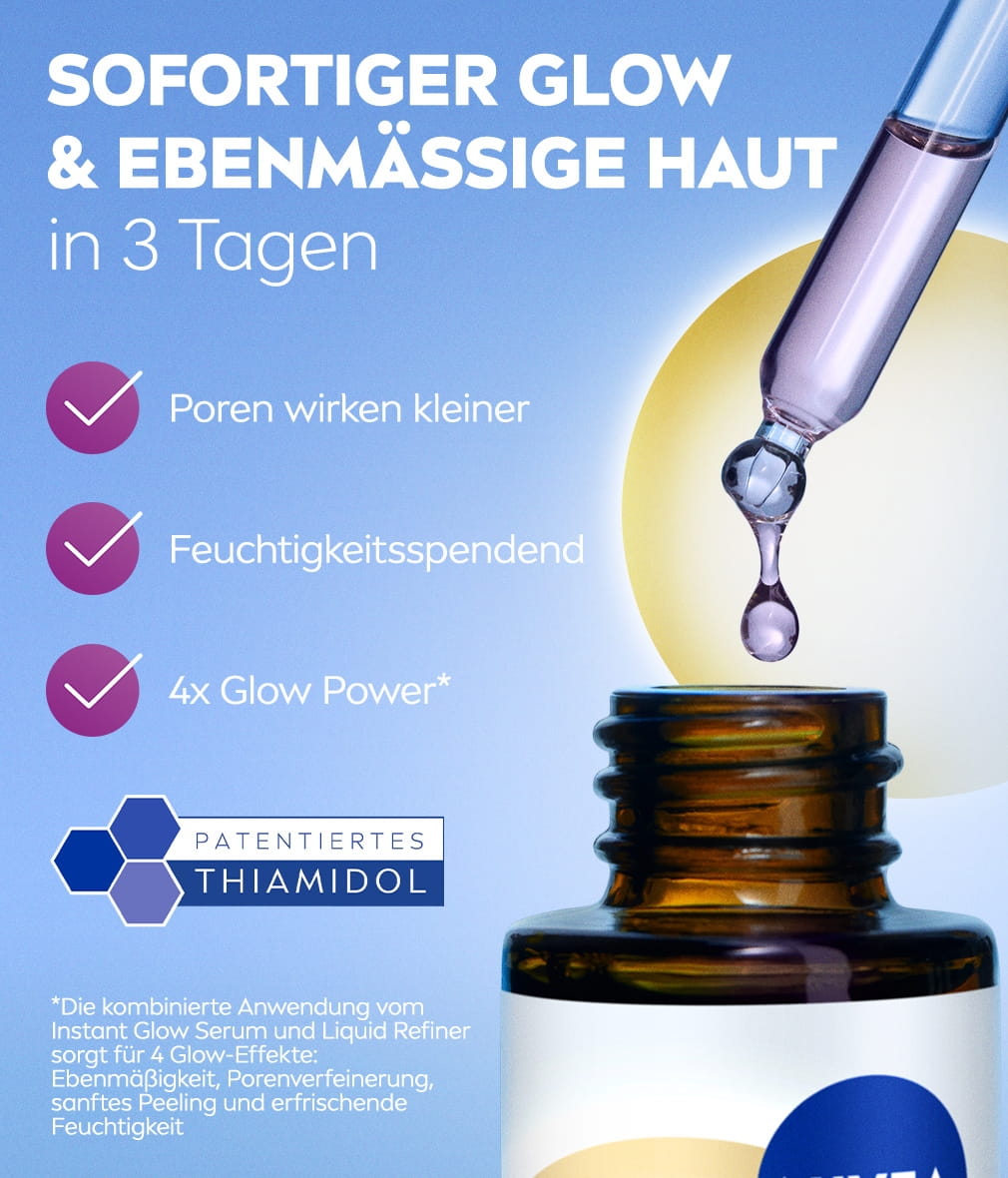 Nahaufnahme eines Fläschchens NIVEA LUMINOUS630® Skin Glow Instant Glow Serum mit Pipette und einem Tropfen Serum.