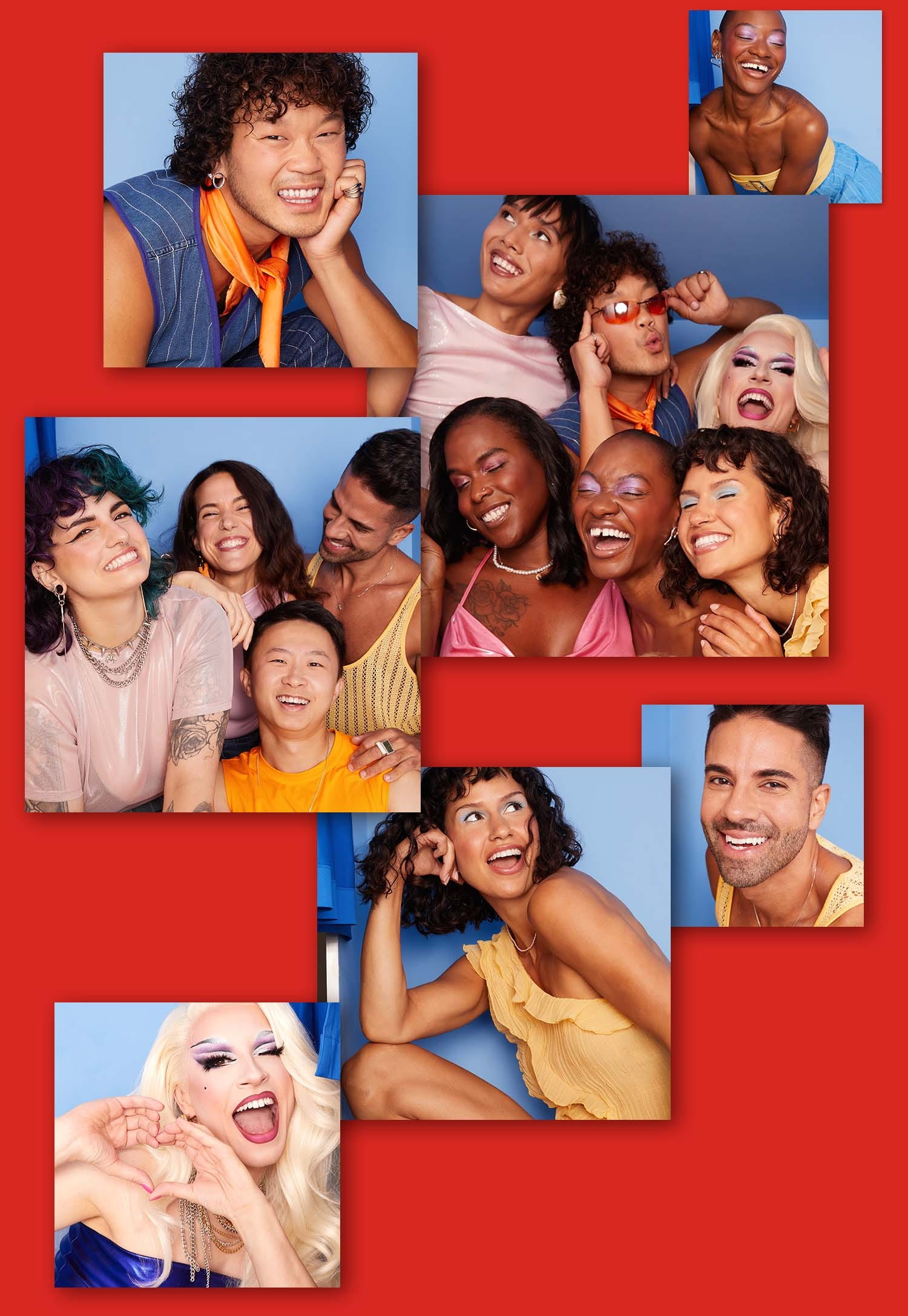 A collage image of several people engaging, smiling and laughing together, against a red background.