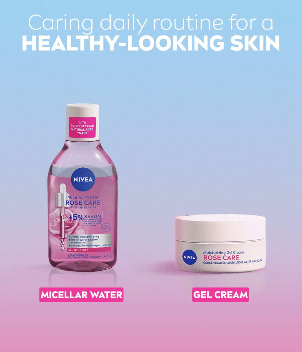 NIVEA Rose Care Serum-Infused Micellar Water featured next to the Rose Care Moisturising Gel Cream.