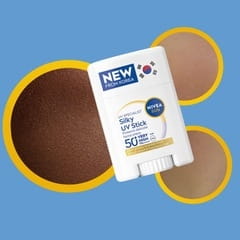 Circular swatches of varying skin tones, with the new NIVEA SUN Breathable UV Specialist Silky UV Stick SPF 50+.