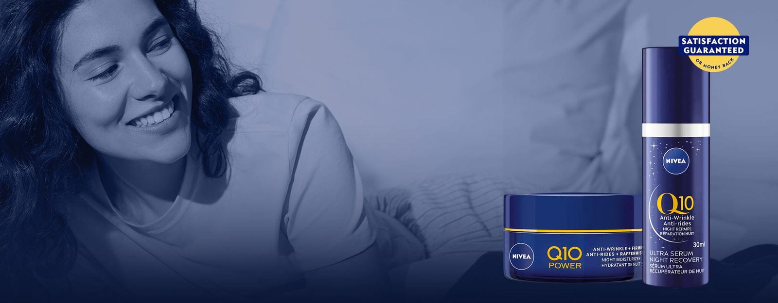 Two NIVEA Q10 products against a background that shows a person laying down while smiling off into the distance.