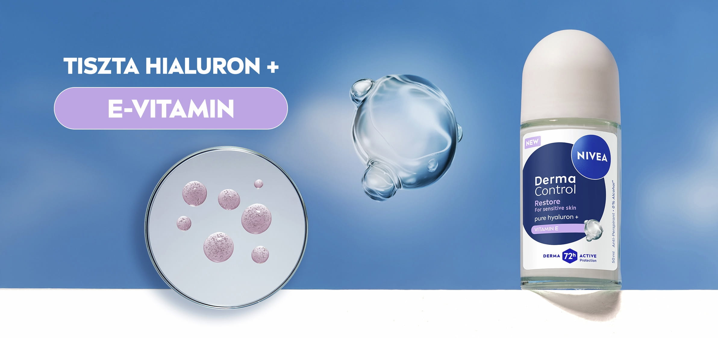 NIVEA Derma Control Restore golyós dezodor, a TISZTA HIALURON és E-VITAMIN felnagyított molekuláris ábrázolásával.