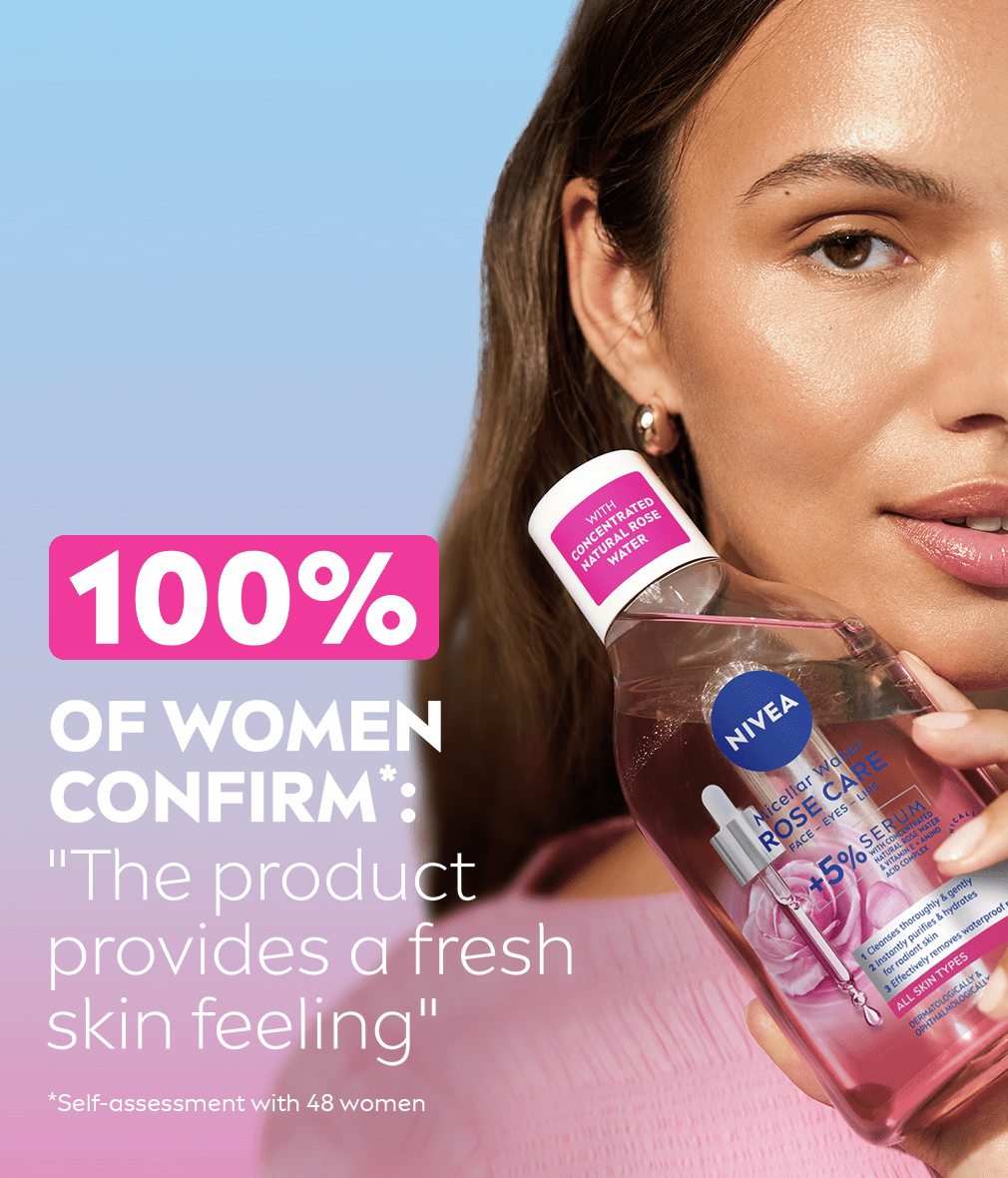 A young woman gzes while holding up the NIVEA Rose Care Serum-Infused Micellar Water with claim text.