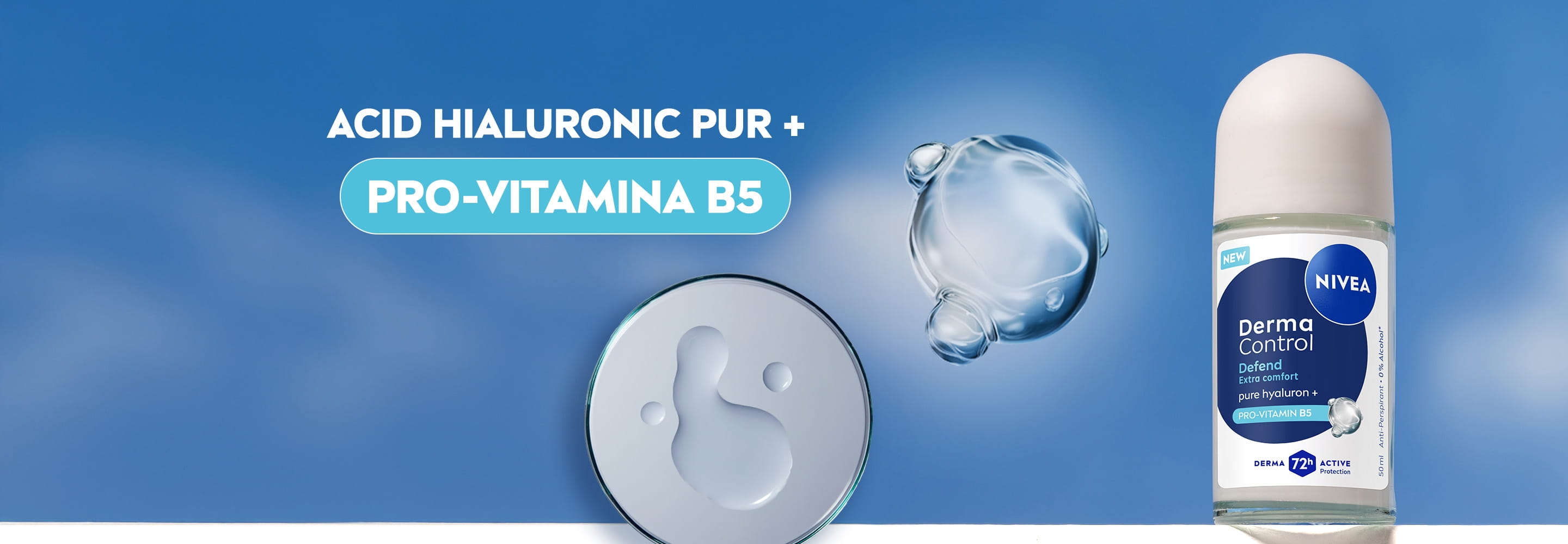Deodorant roll-on NIVEA Derma Control Defend, cu molecule de ingrediente mărite reprezentând ACID HIALURONIC PUR și PRO-VITAMINA B5.