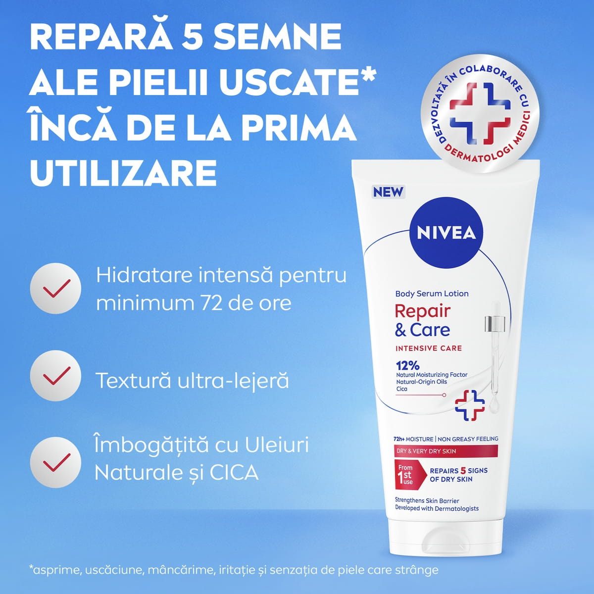 NIVEA Repair & Care Body Serum Lotion benefits include 72h+ intensive moisture and repairs 5 signs of dry skin* from 1st use