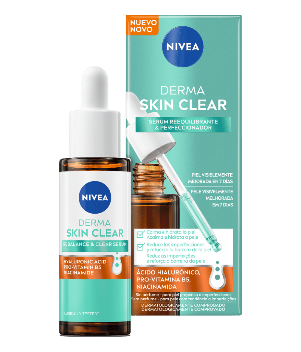 Sérum, Derma Skin Clear, Sérum Reequilibra & Aperfeiçoa, Ácido Hialurónico, Niacinamida, Pro-Vitamina B5