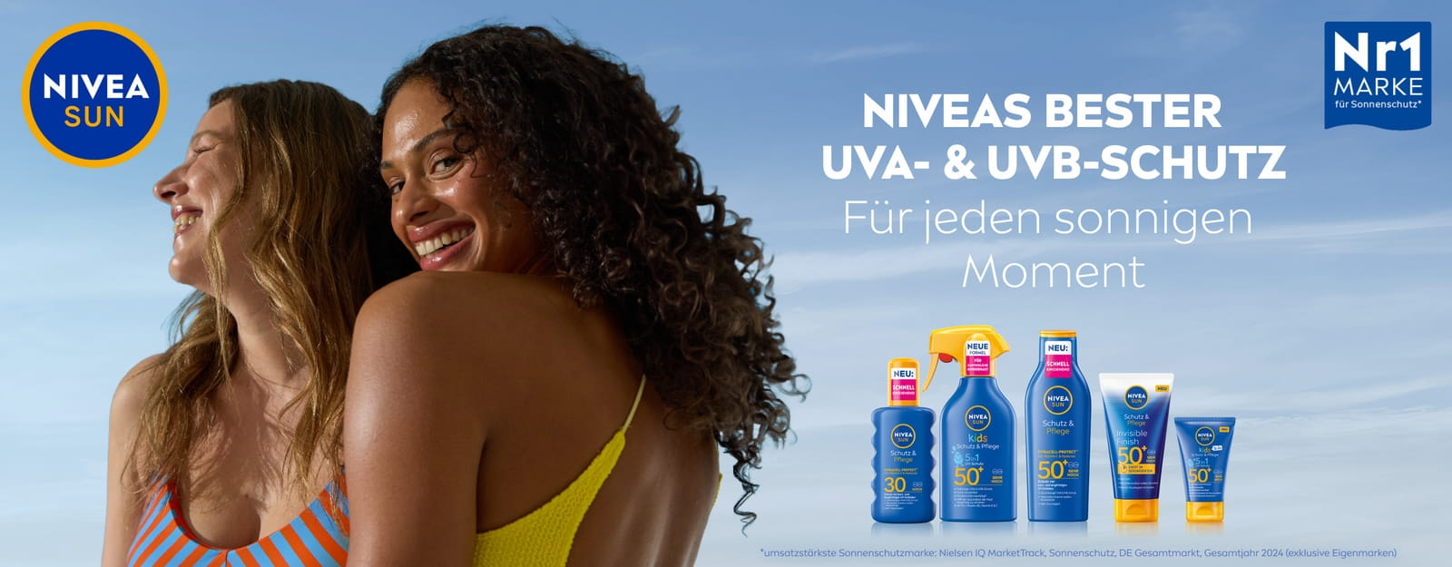 Zwei Frauen vor Himmel und NIVEA SUN Schutz&Pflege Produkte
