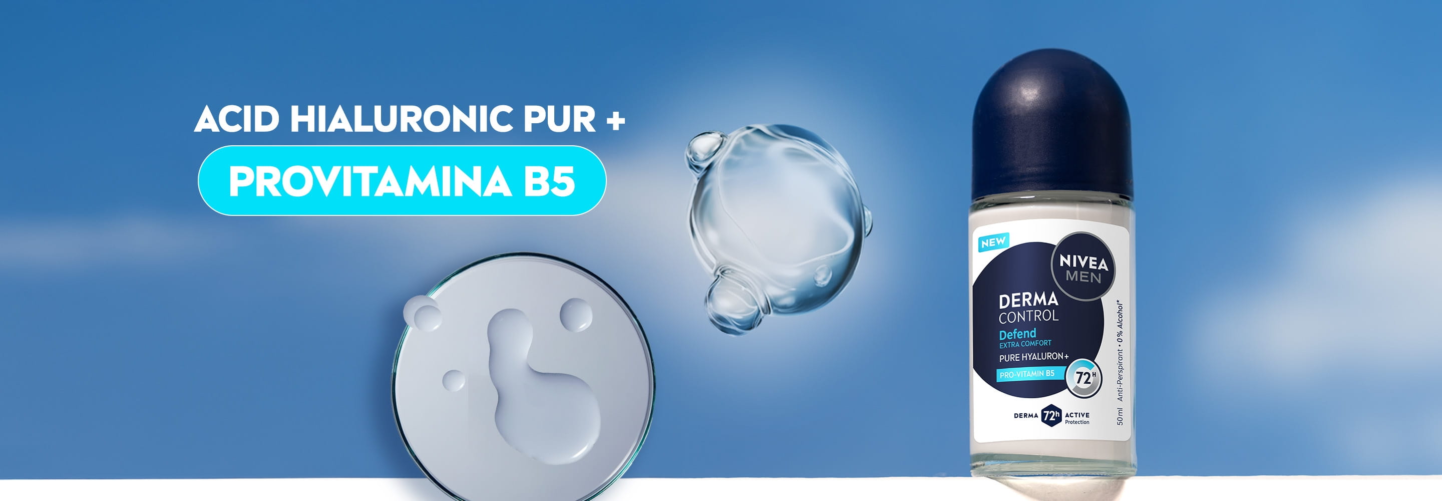 Deodorant roll-on NIVEA MEN Derma Control Defend, cu molecule crescute ale ingredientelor, reprezentând ACID HIALURONIC PUR și PROVITAMINA B5.