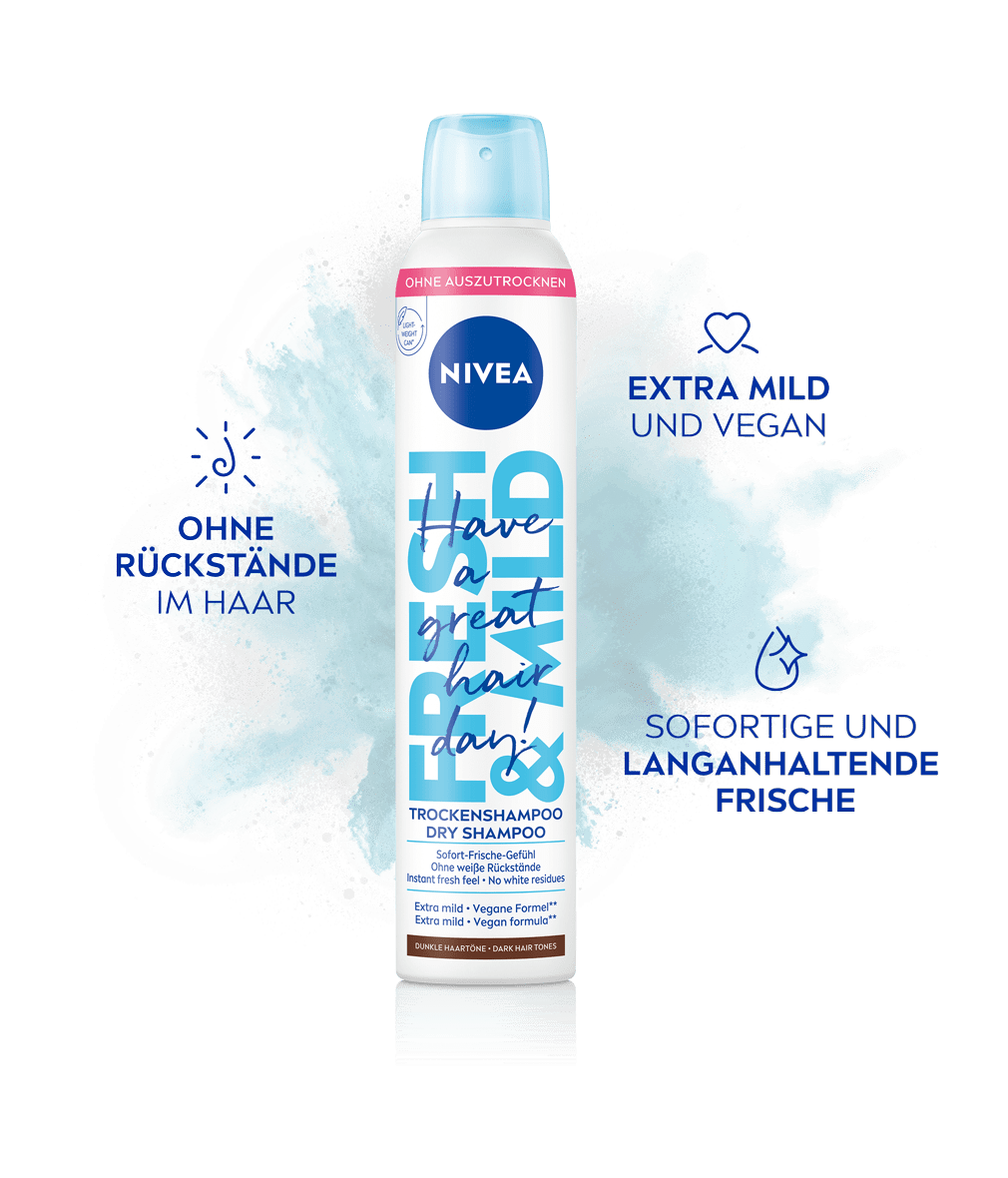 NIVEA Fresh & Mild Trockenshampoo dunkel Produktabbildung mit Benefits