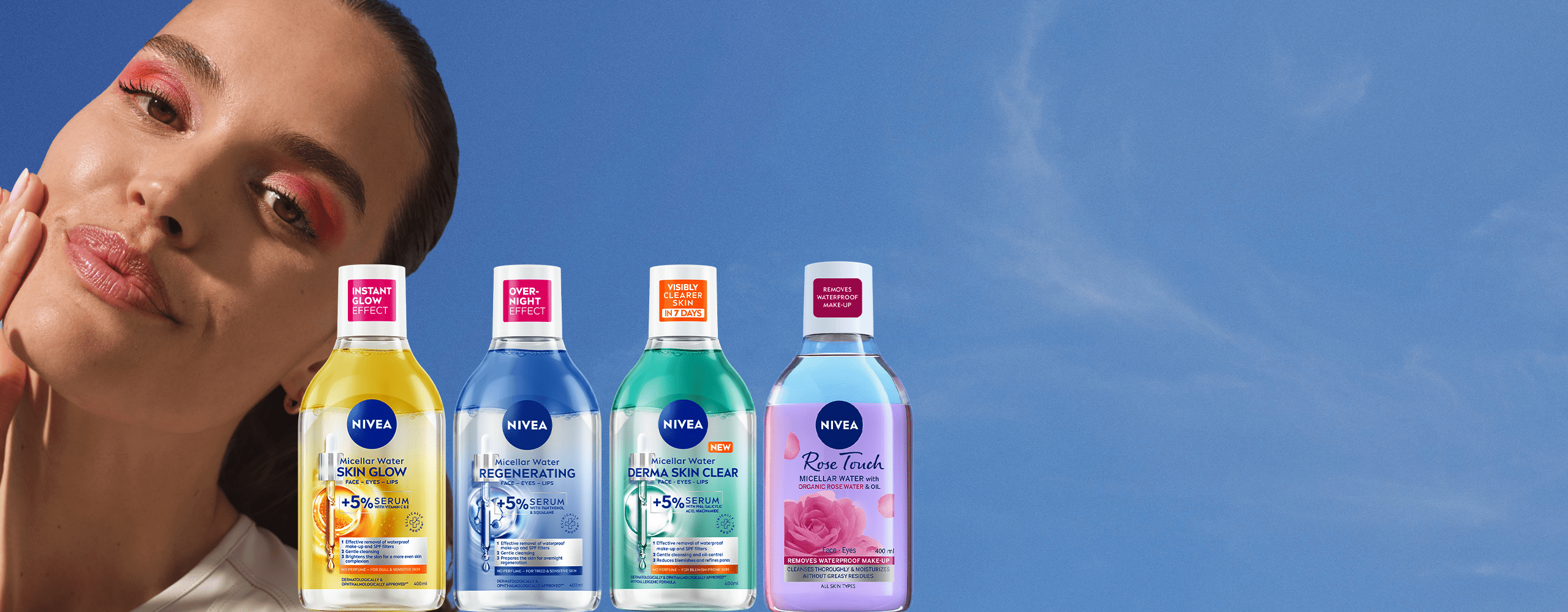 Smiling woman with pink eyeshadow touches her face, next to NIVEA Serum-infused Micellar Water