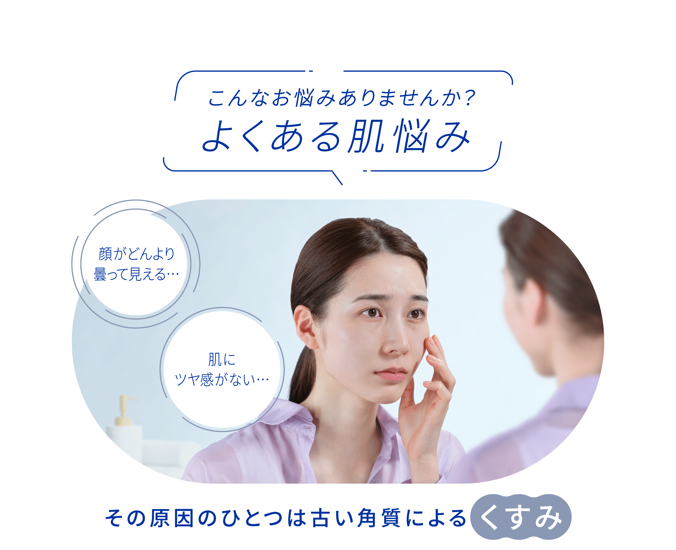 こんなお悩みありませんか？ 顔がどんより曇って見える。肌にツヤ感がないなどのよくある肌悩み。 その原因のひとつは古い角質によるくすみ。