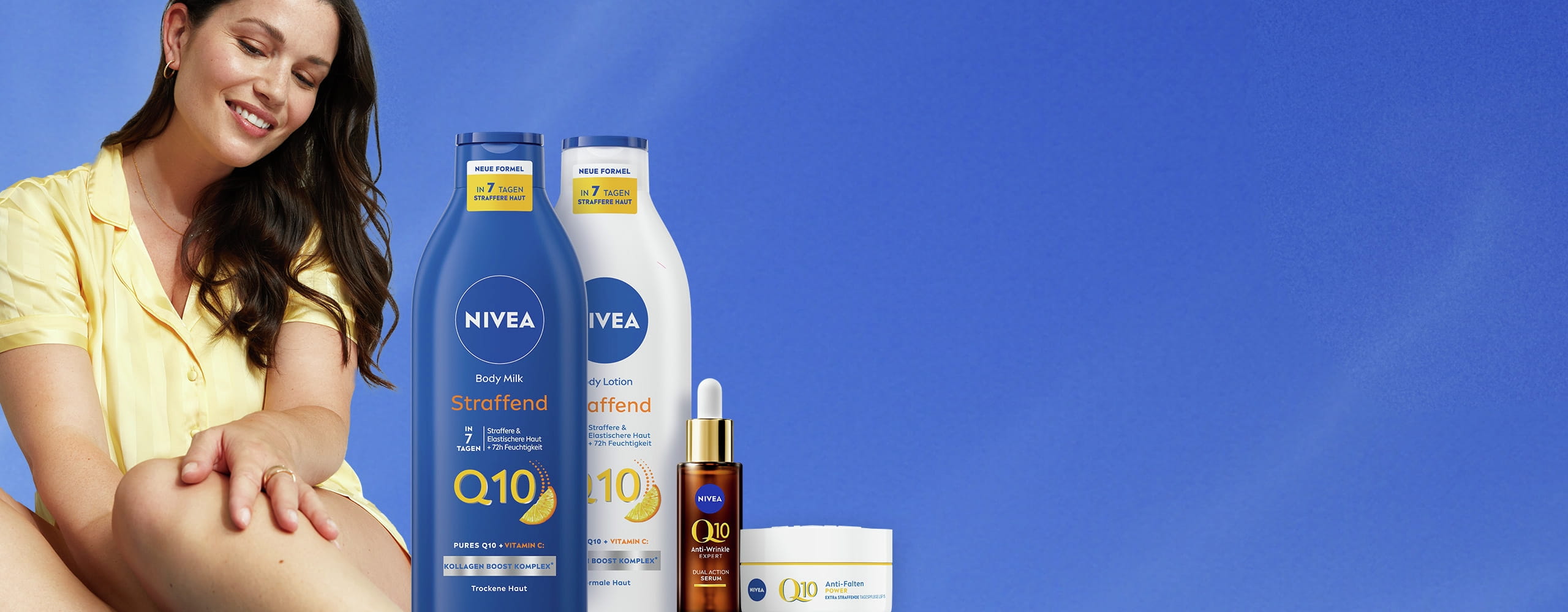 NIVEA Q10 Produktvielfalt zur Verbesserung der Hautelastizität – mit Lotionen und Seren für Gesicht und Körperpflege.