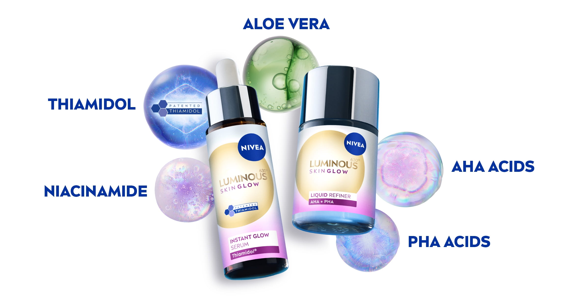 Dois frascos da linha NIVEA LUMINOUS630® Skin Glow aparecem sobre um fundo colorido com moléculas que representam os ingredientes dos produtos.
