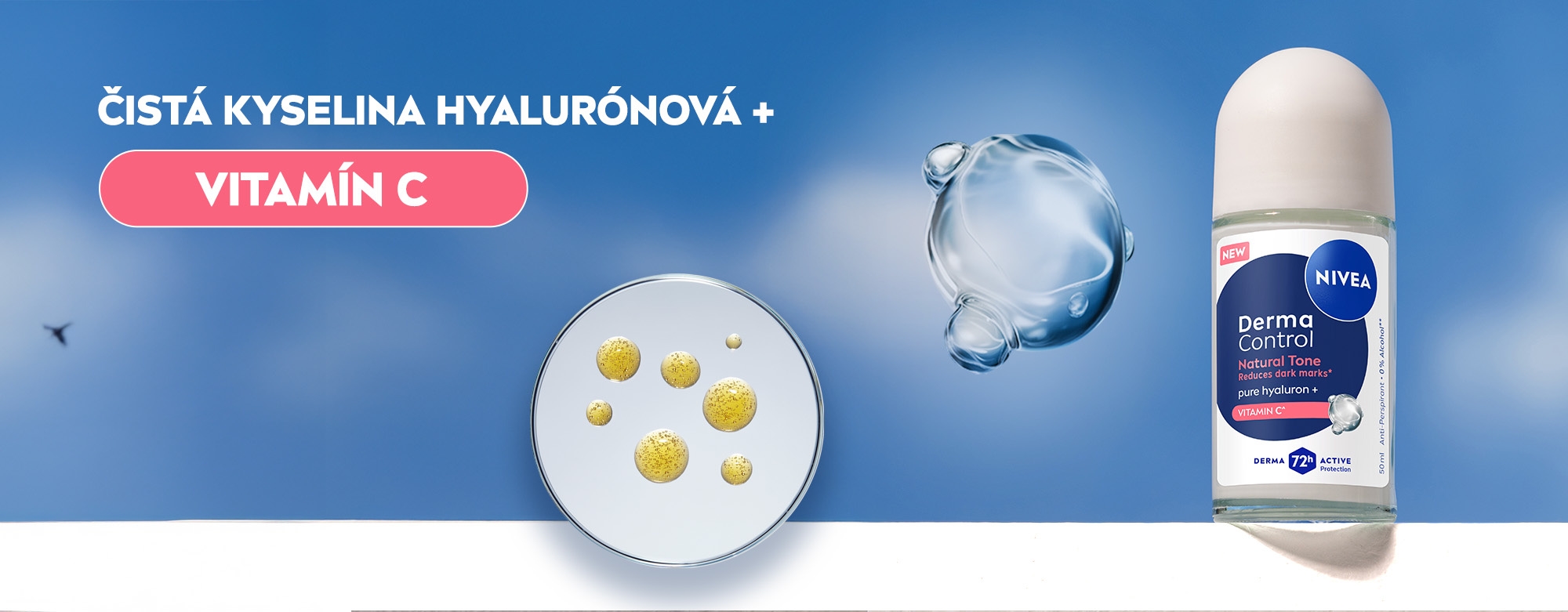 NIVEA Guľôčkový antiperspirant Derma Control Natural Tone s ČISTOU KYSELINOU HYALURÓNOVOU a VITAMÍNOM C.