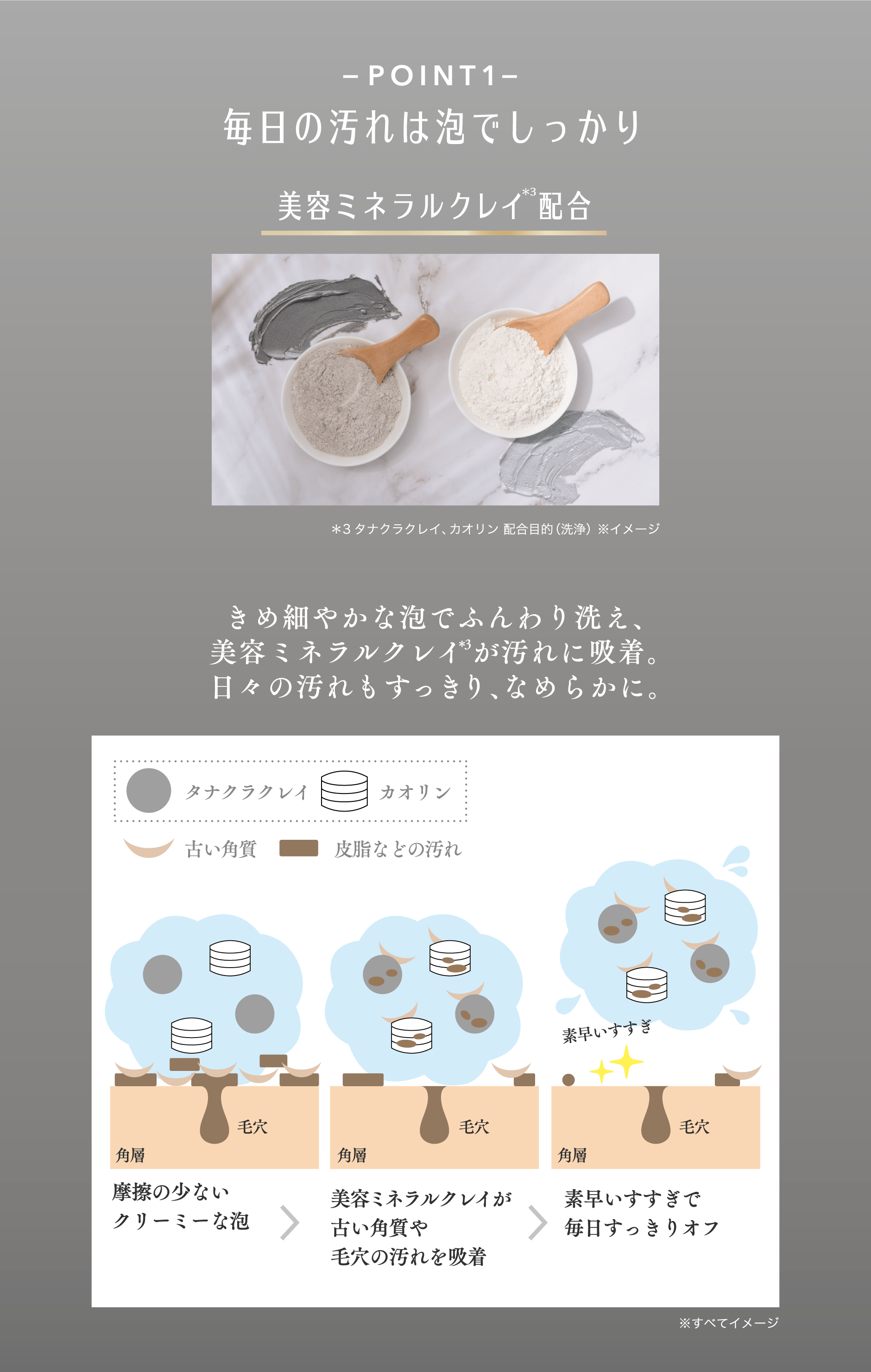 （POINT 1）​  毎日の汚れは泡でしっかり 美容ミネラルクレイ配合 （クレイの画像下の注釈） ​  ※3 タナクラクレイ、カオリン：皮脂吸着成分（洗浄）※イメージ ​  ​  （説明文） きめ細やかな泡でふんわり洗え、美容ミネラルクレイ※3が汚れに吸着。​  日々の汚れもすっきり、なめらかに。（図の凡例） ​  タナクラクレイ カオリン 古い角質 皮脂などの汚れ​   （洗浄プロセスの図） ​  （ステップ1：泡） 角層 毛穴 摩擦の少ないクリーミーな泡 ​  （ステップ2：吸着） 角層 毛穴 美容ミネラルクレイが古い角質や毛穴の汚れを吸着 ​  （ステップ3：すすぎ） 素早いすすぎ 角層 毛穴 素早いすすぎで毎日すっきりオフ （注釈） ​  ※すべてイメージ