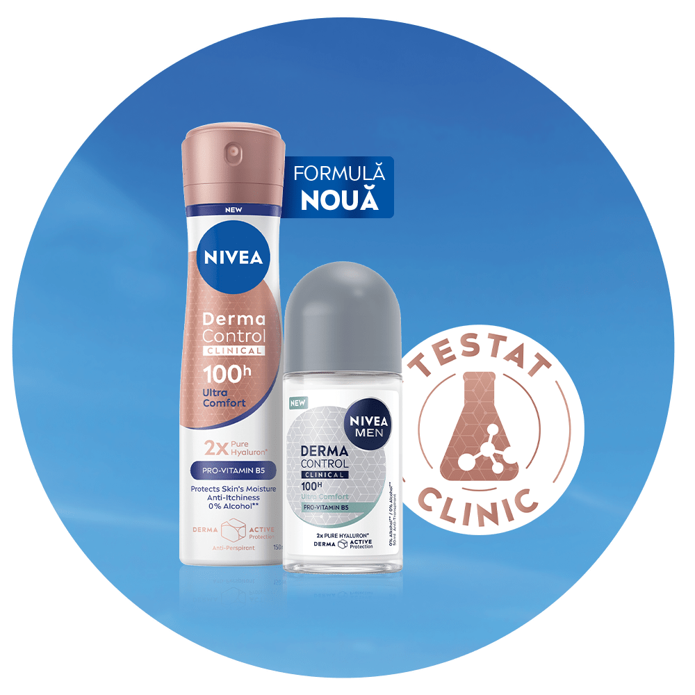 NIVEA Derma Control deodorant bottle shown with the word ‘Finally’ and a bright sky background.