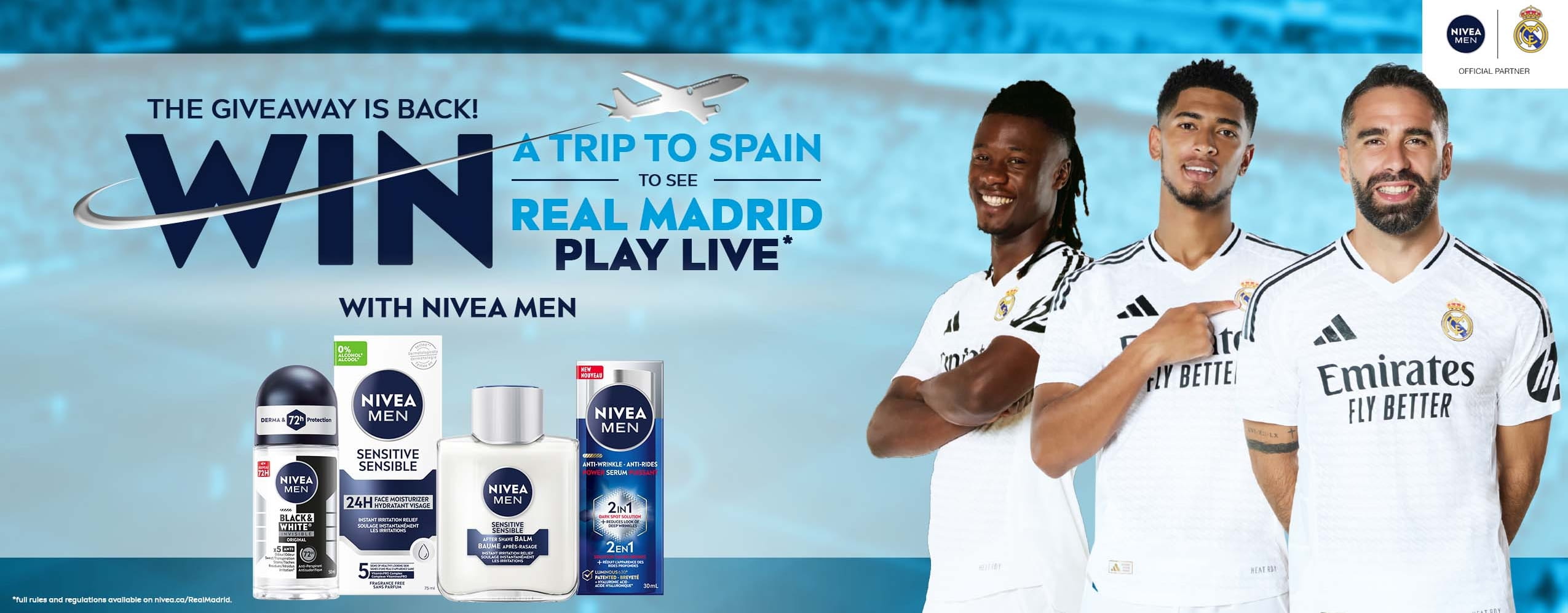 Three Real Madrid players smiling against a blue background announcing the NIVEA MEN x Real Madrid competition.