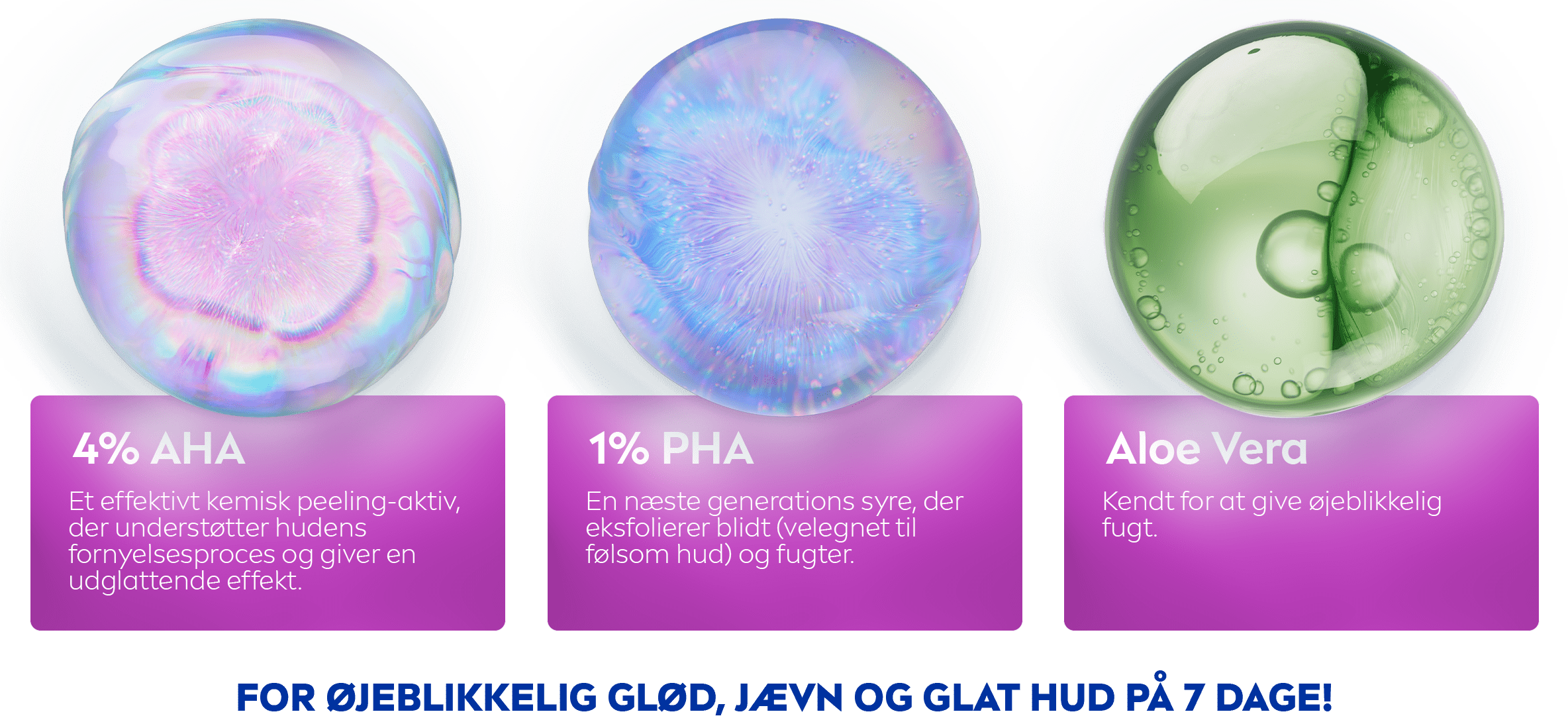 En række dimensioner: lyserød for AHA, lavendel for PHA og grøn for Aloe Vera.
