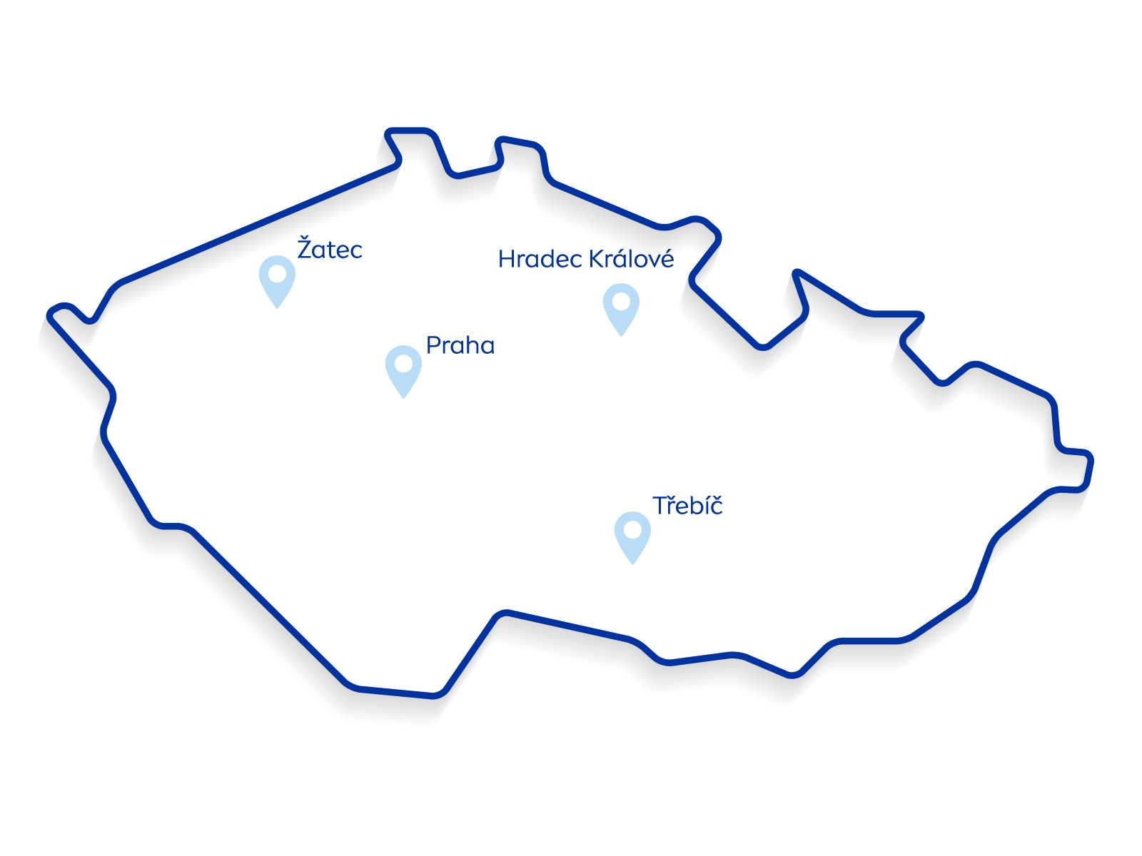 Mapa ČR s místy konání NIVEA Hydro zone: Třebíč, Praha, Žatec, Hradec Králové