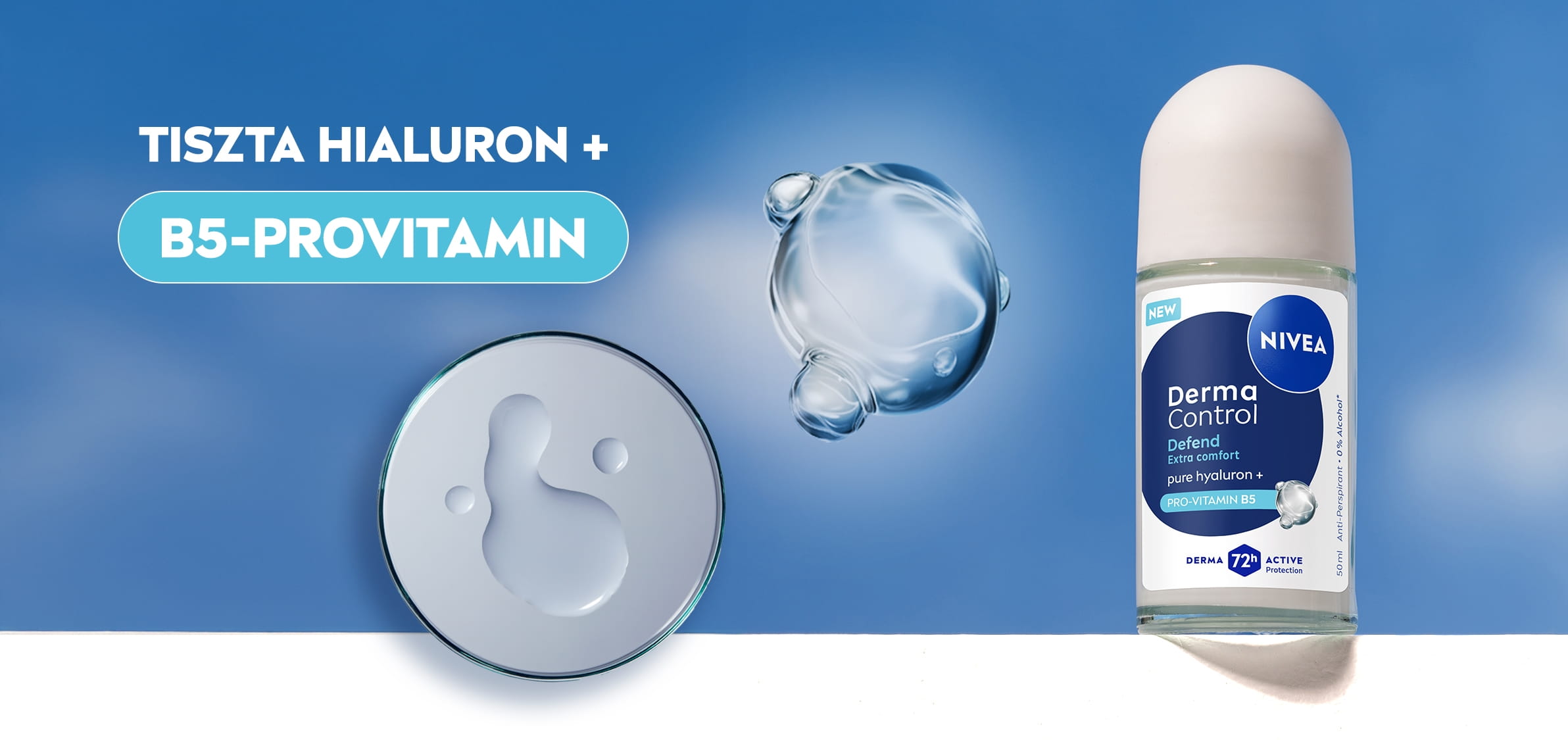 NIVEA Derma Control Defend golyós dezodor, a TISZTA HIALURON és B5-PROVITAMIN felnagyított molekuláris ábrázolásával.