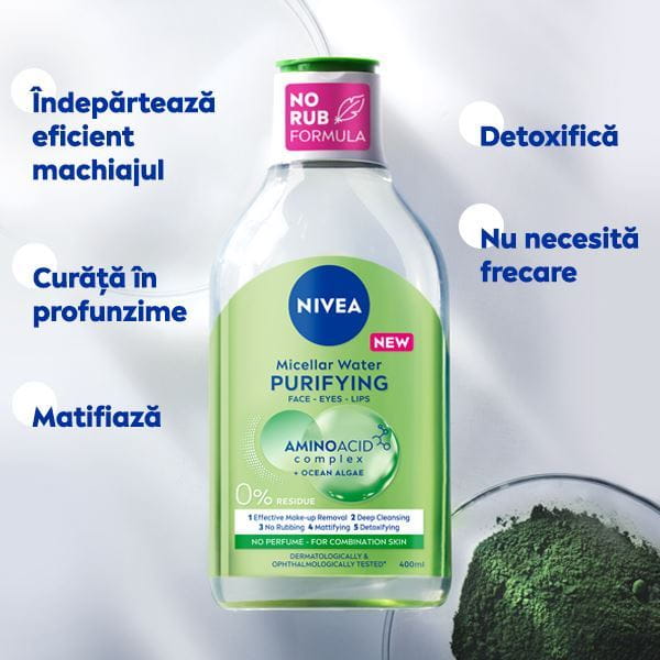 A bottle of NIVEA Micellar Water for Normal Skin lays on a blue bubble textured background.