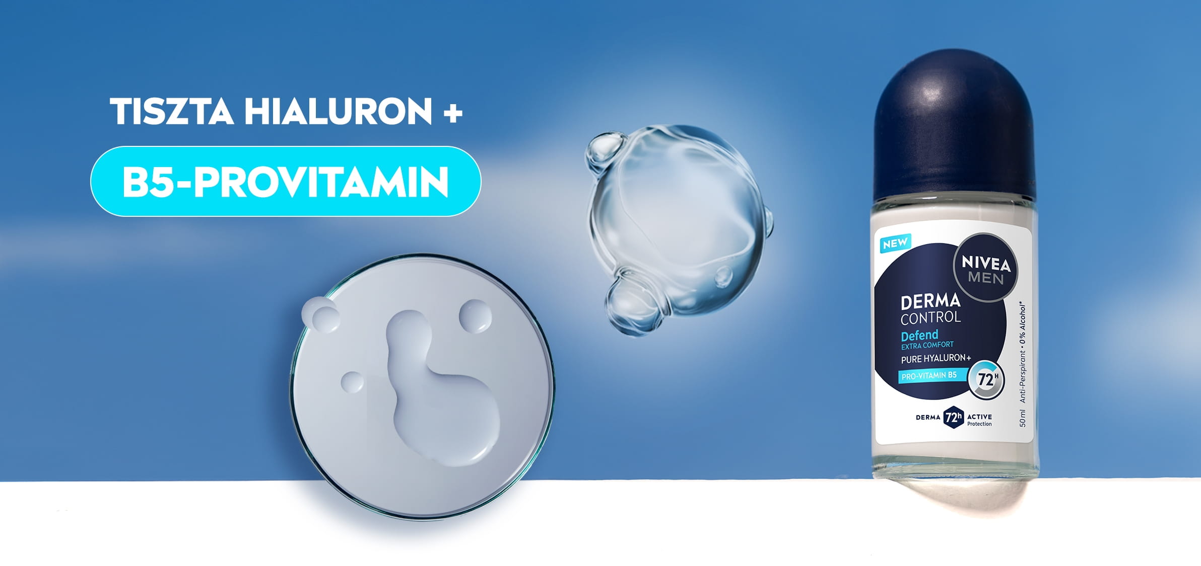 NIVEA MEN Derma Control Defend golyós dezodor, a TISZTA HIALURON és B5-PROVITAMIN felnagyított molekuláris ábrázolásával.