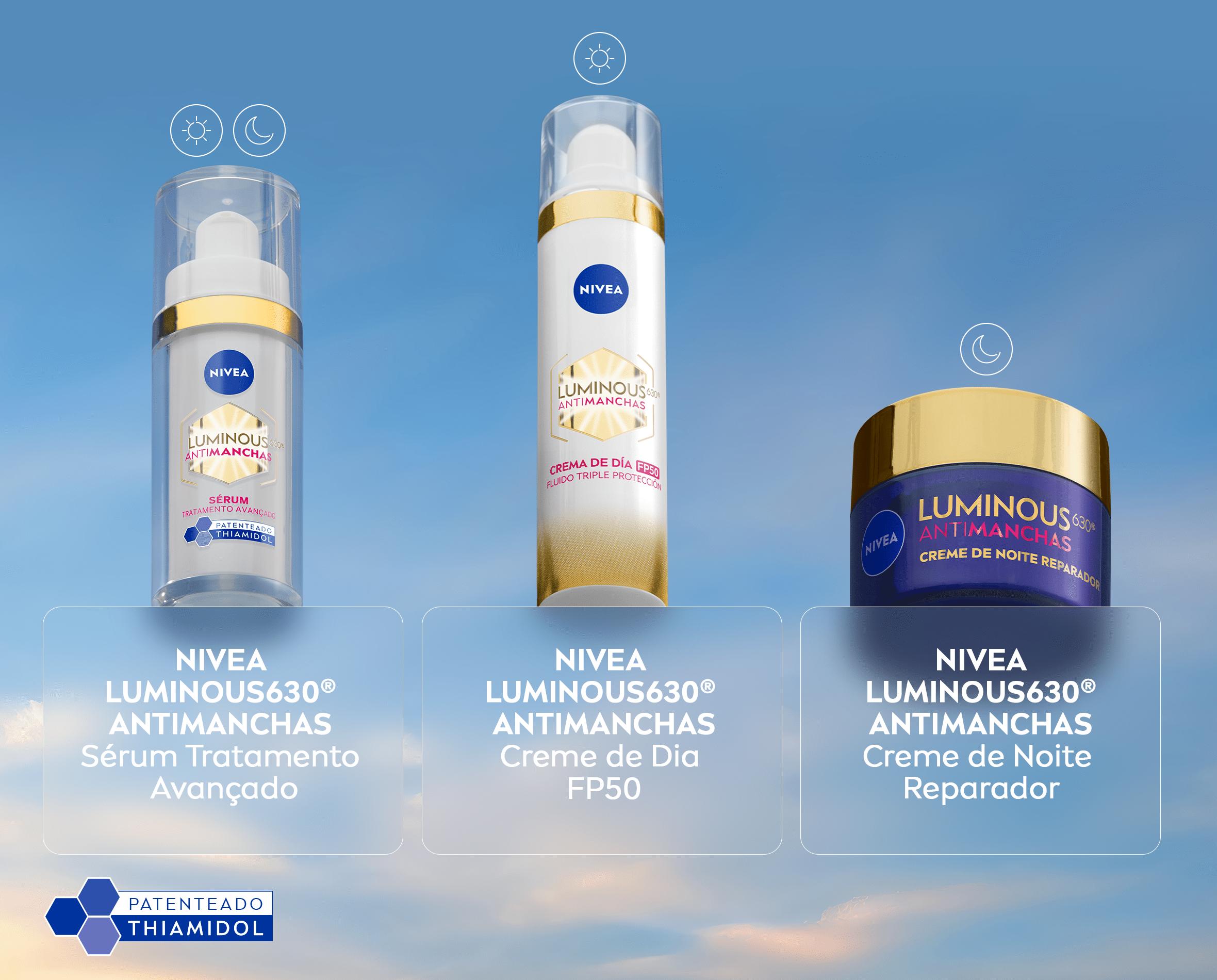 3 produtos da gama LUMINOUS630 ANTIMANCHAS para a rotina diurna e noturna
