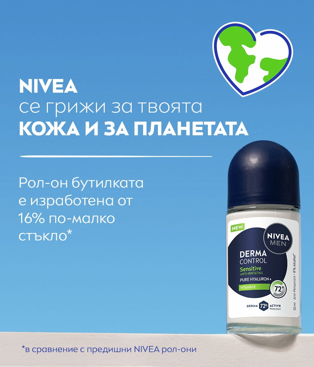 NIVEA MEN Derma Control Sensitive Deo Roll-On featured against a sky blue background, with text and recycling icons.
