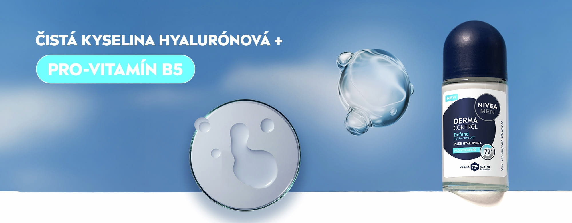 NIVEA MEN Guľôčkový antiperspirant Derma Control Defend s ČISTOU KYSELINOU HYALURÓNOVOU a PRO-VITAMÍNOM B5.