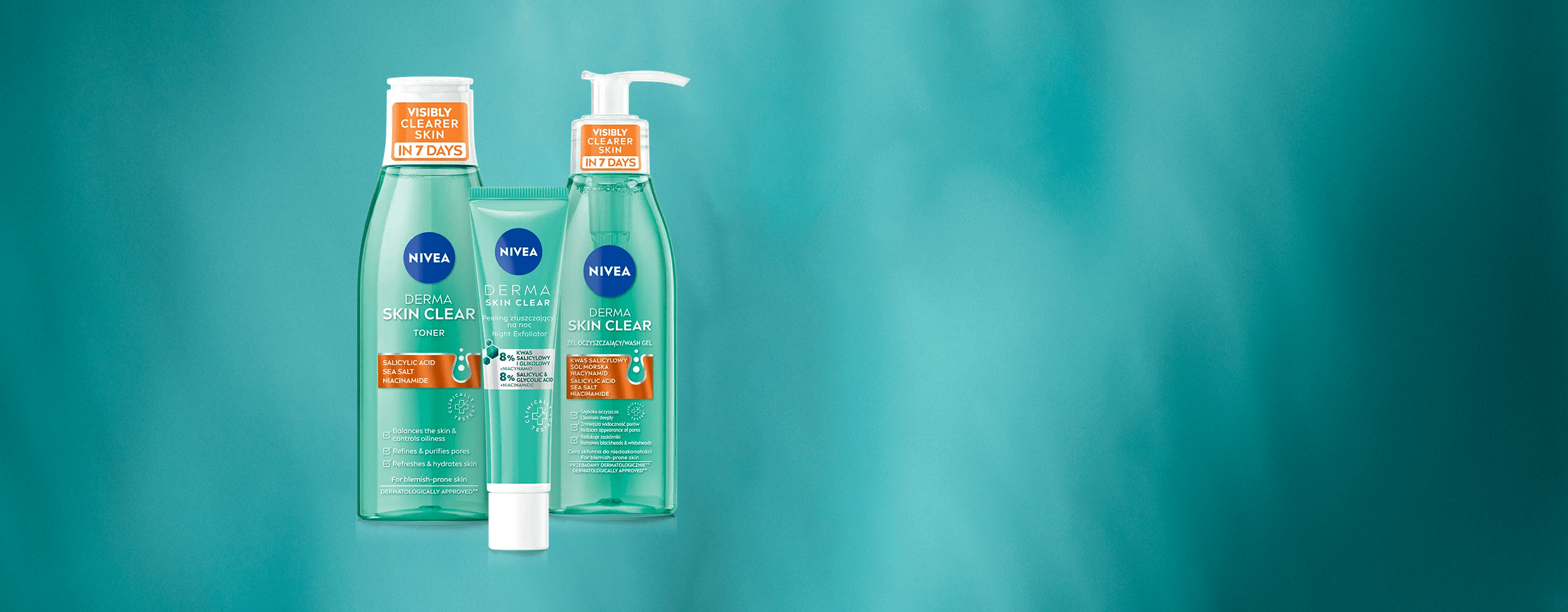 Жінка й чоловік крупним планом на зеленому фоні. Вони усміхаються в камеру, їхня шкіра чиста, без висипань.